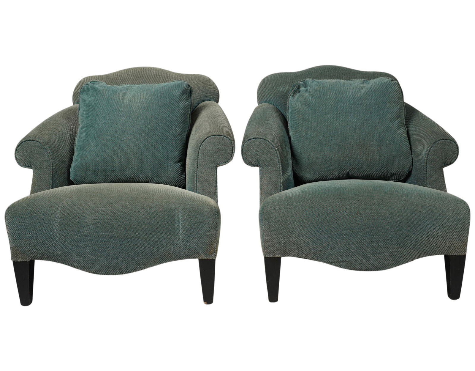 Pair of Donghia Green Upholstered Luciano Lounge Chairs: designed by John Hutton for Donghia 36 x 35 x 33, seat height 15 in.