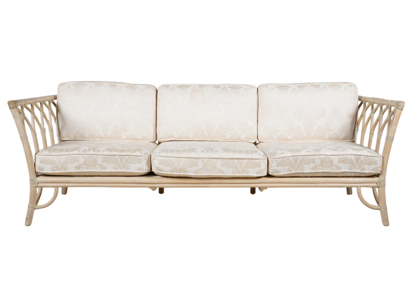 McGuire Rattan Cathedral Back Loveseat: with metal label to underside, 32 x 84 1/2 x 30 1/2 in., seat height: 17 in.