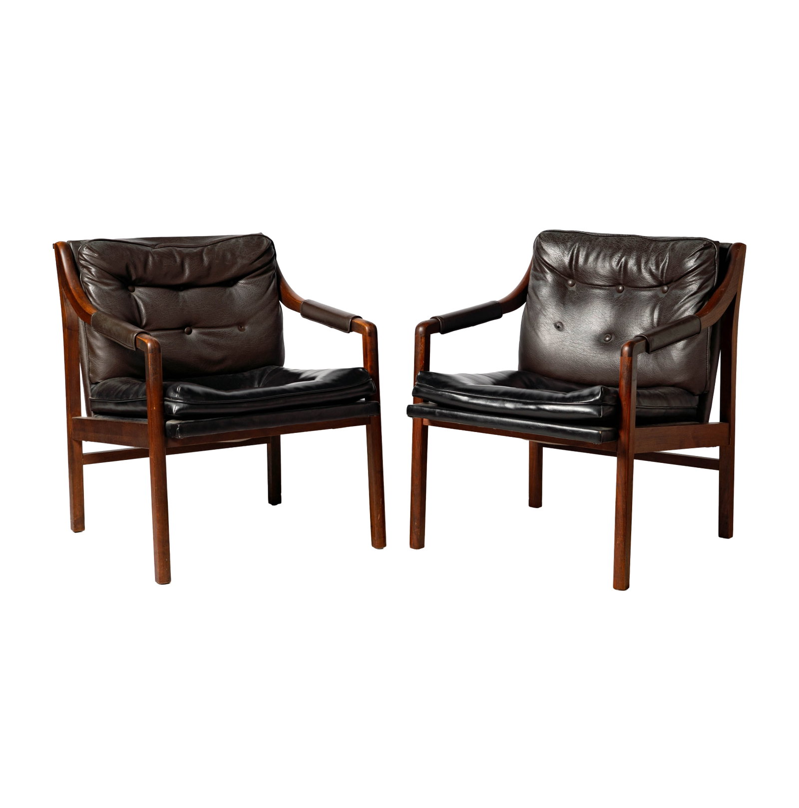 Pair of Mid-Century Lounge Chairs: no visible label, mixed upholstery, 29 1/2 x 23 1/2 x 26 in., seat height: 16 in.