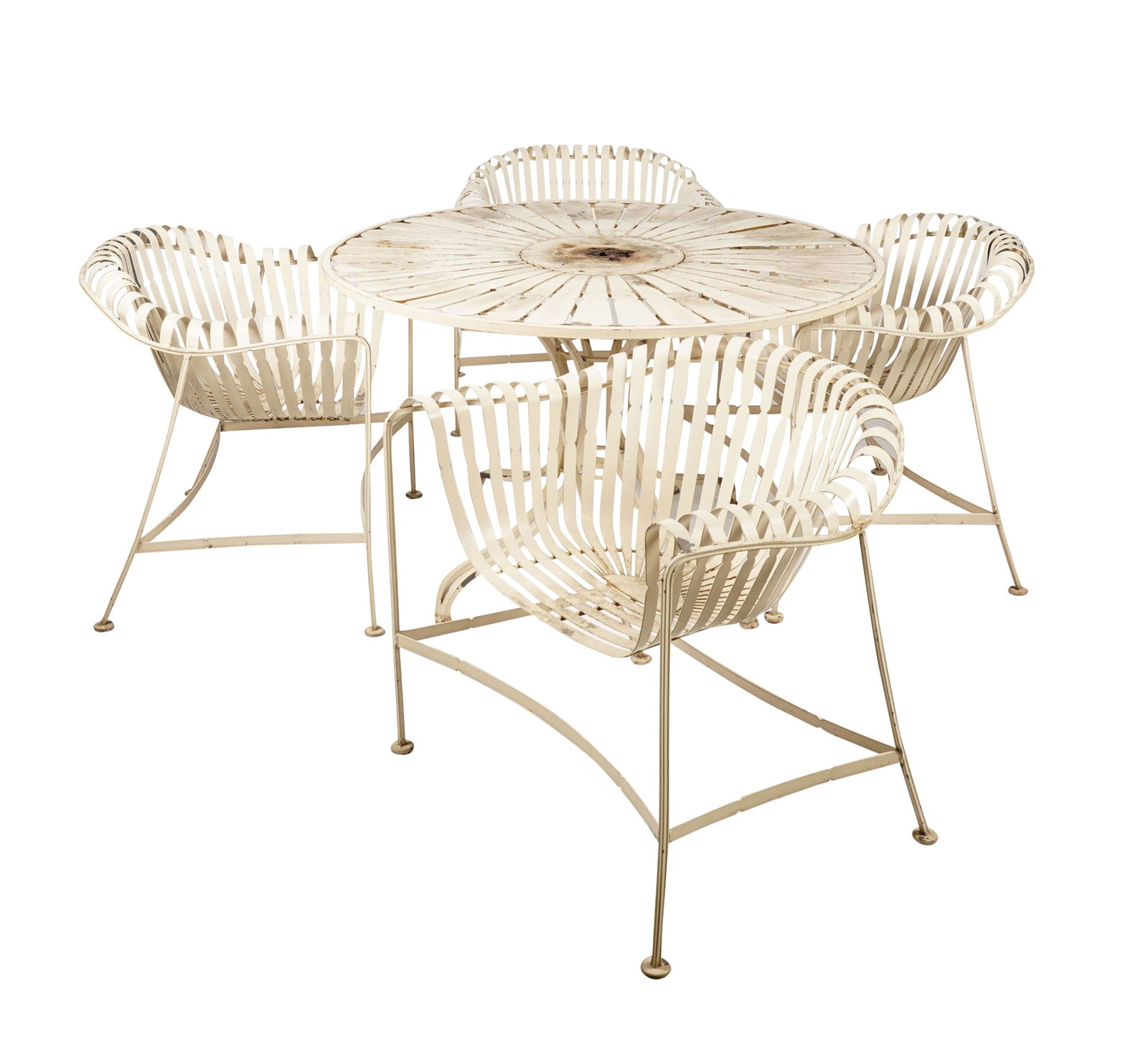 Russell Woodard Painted Metal Table and Four Chairs: comprising a table (28 1/2 x 47 1/2 in.) and four arm chairs (28 1/2 x 30 x 25 in., seat height 15 1/2 in.)