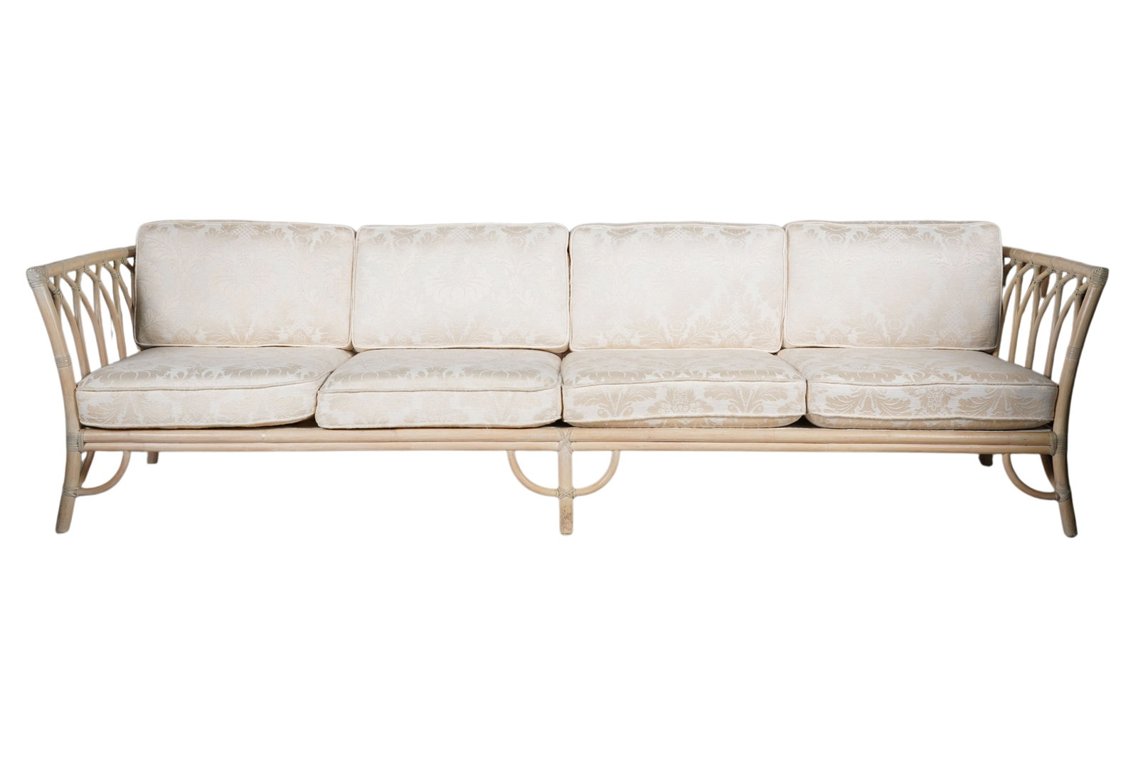 McGuire Rattan Cathedral Back Sofa: with metal label to underside, 32 x 109 x 30 1/2 in., seat height: 17 in.