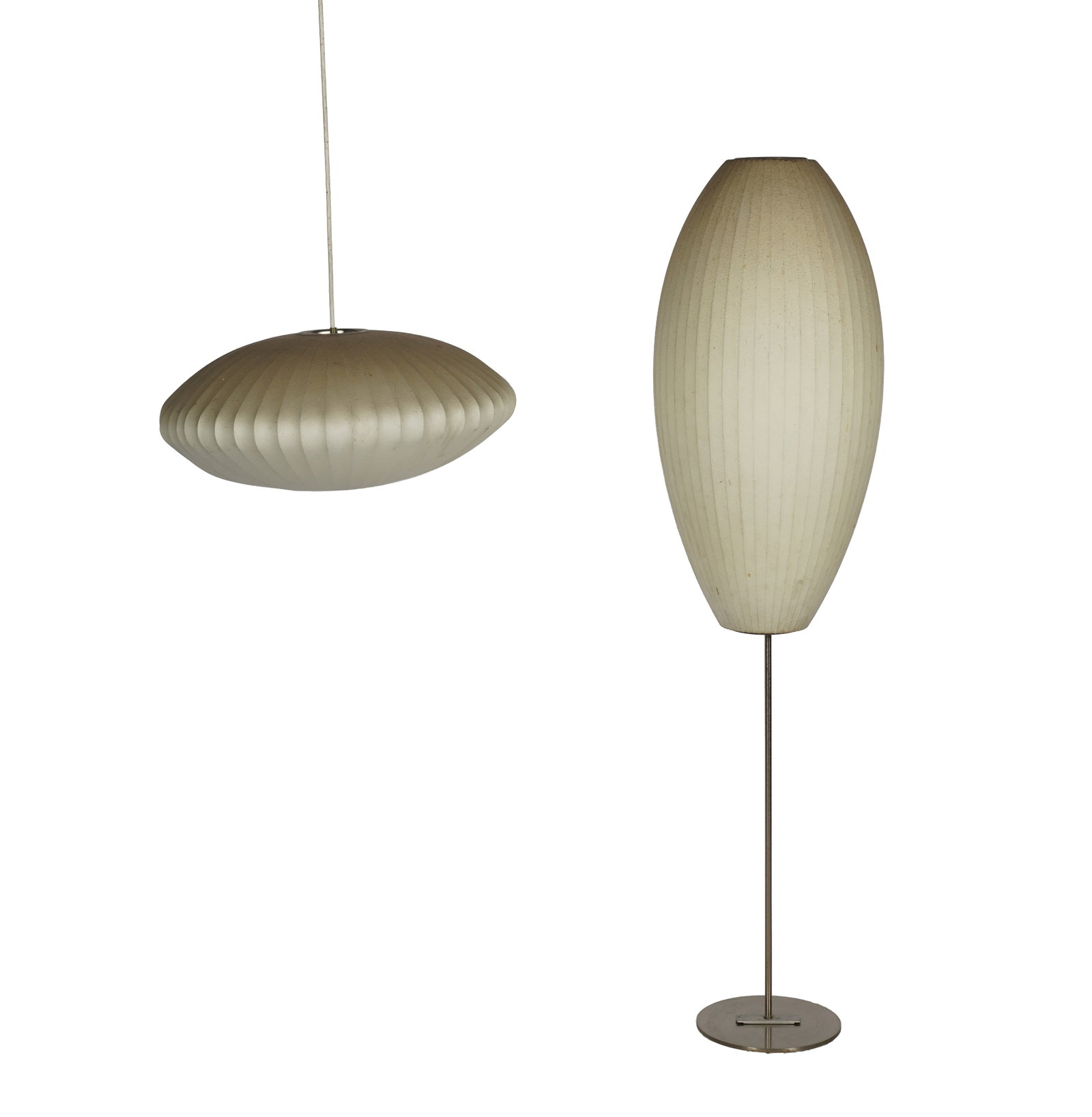Modernica Bubble Light Floor Lamp and Fixture: floor lamp with Modernica sticker under shade, the other without label, floor lamp: 61 1/2 x 13 in., fixture: 10 x 24 in.