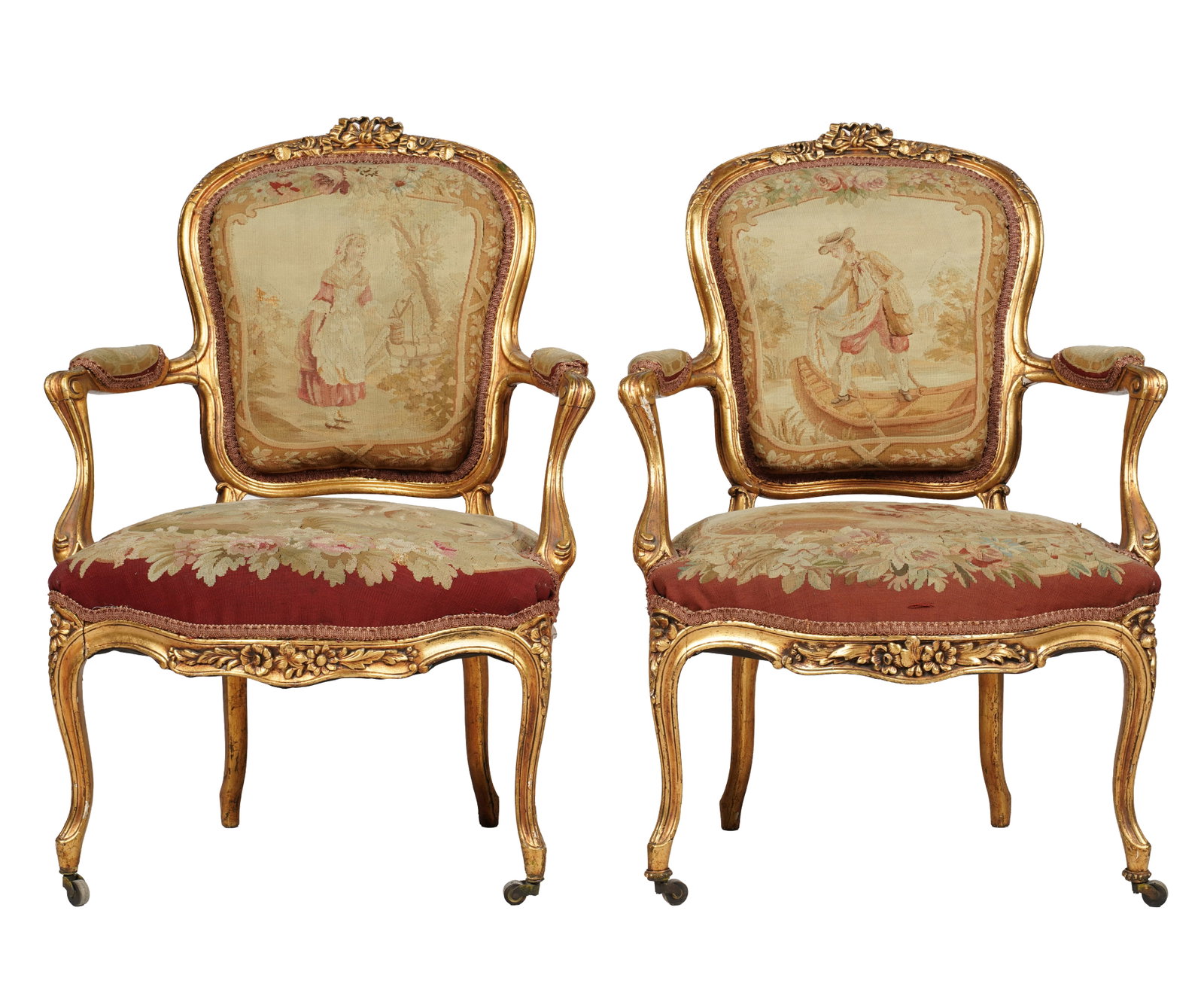 Pair of Louis XV Petit Point Upholstery Armchairs: 18th century, 36 3/4 x 24 x 21 in., seat height 16 in.