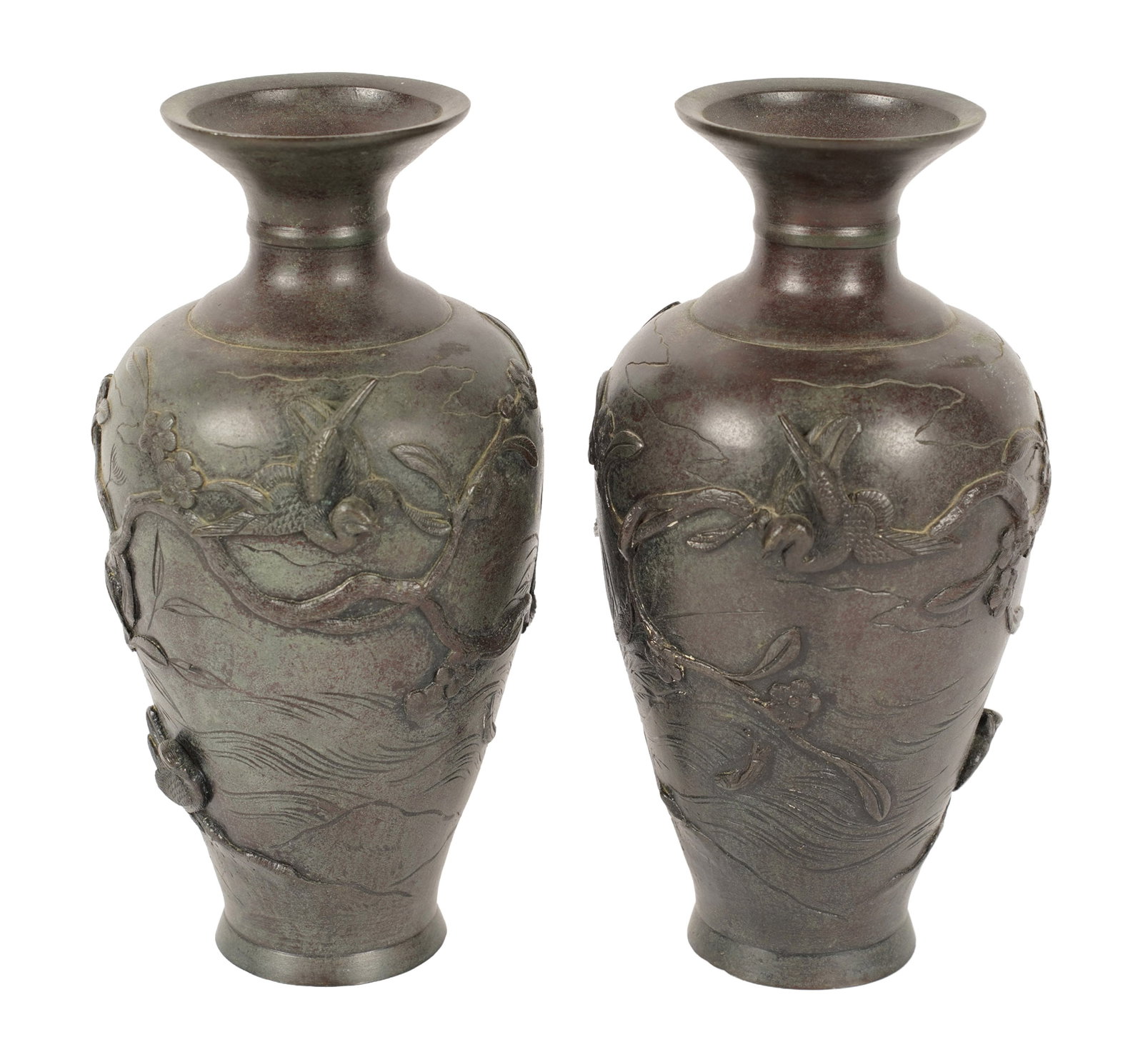 Pair of Japanese Meiji Style Vases: with bird and floral motif, 8 1/2 x 4 3/4 x 4 3/4 in.