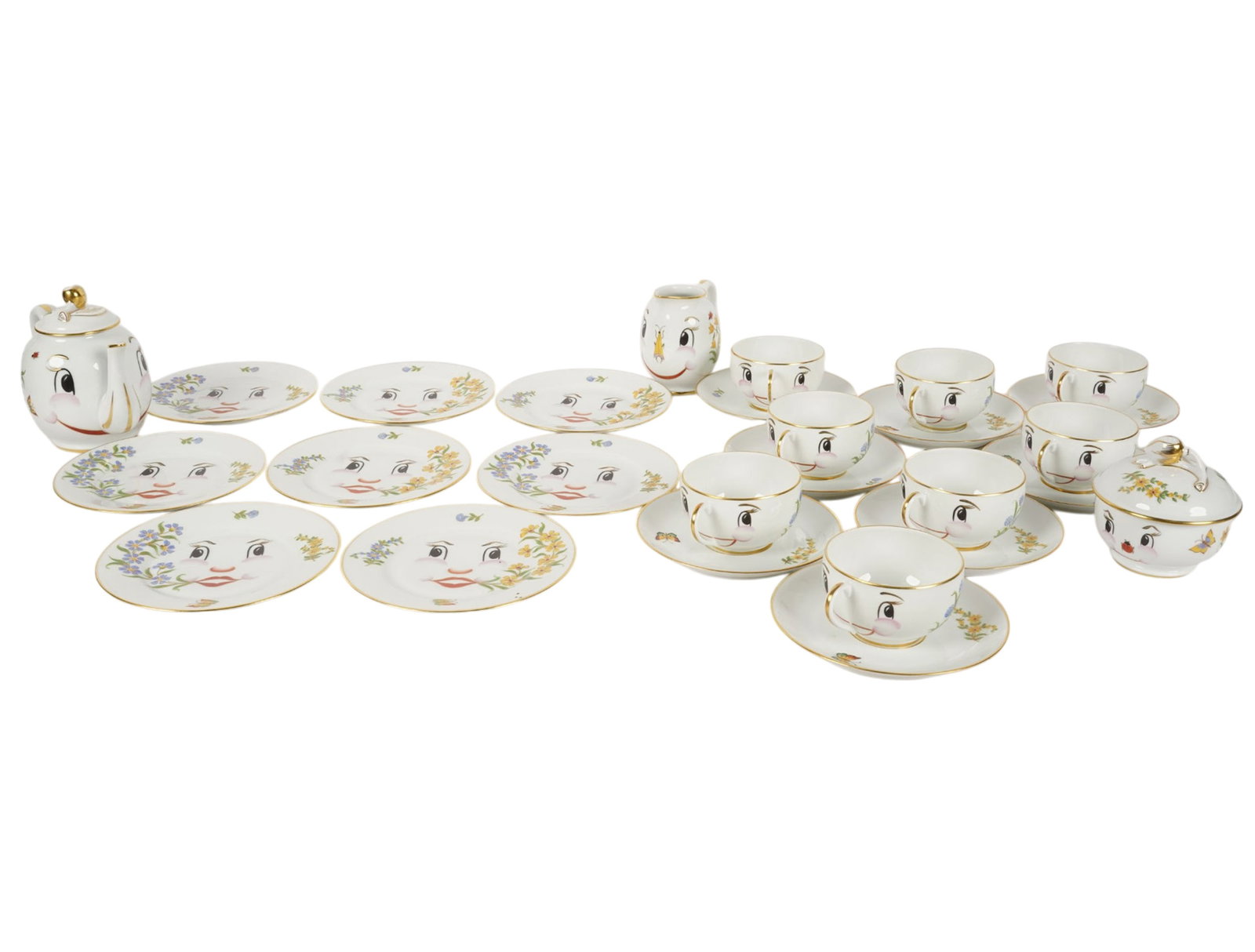 Asprey and Garrard Porcelain Tea Service: service for eight, comprising: 7 teacups, 1 teapot, 1 creamer, 1 sugar, 8 saucers (5 3/4 in. dia.), 8 bread plates (6 1/2 in. dia.)