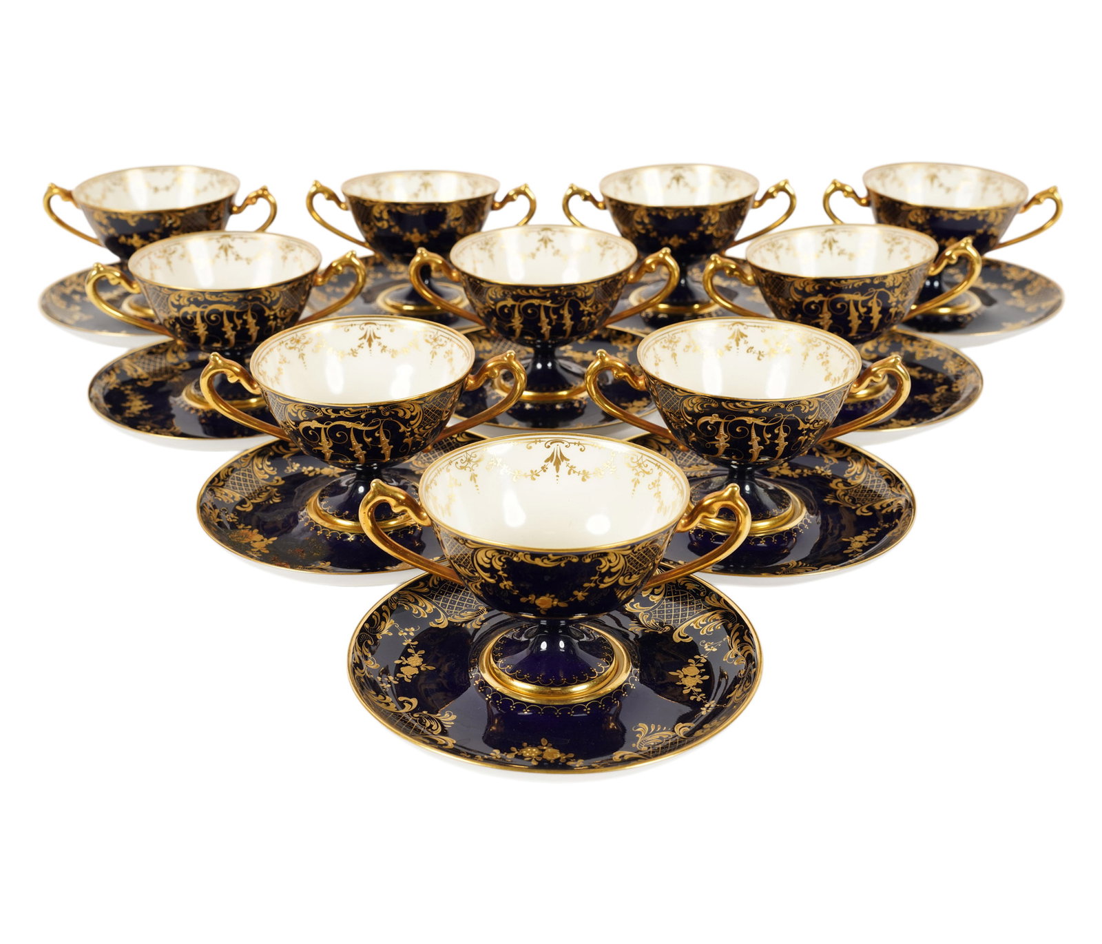 Set of Ten Dresden Porcelain Teacups and Saucers: each marked to underside, cup: 2 3/4 x 5 x 3 in.