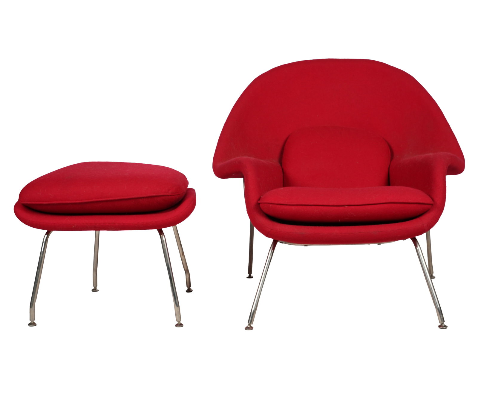 Red Upholstered Womb-Style Chair and Ottoman: no label, 36 x 27 x 29 in., seat height 18 in.