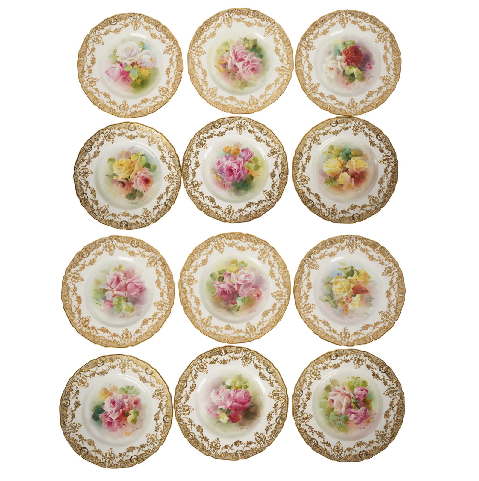 Set of 12 Royal Doulton Porcelain Roses Dinner Plates: marked to underside, each plate: 10 1/2 in. dia.
