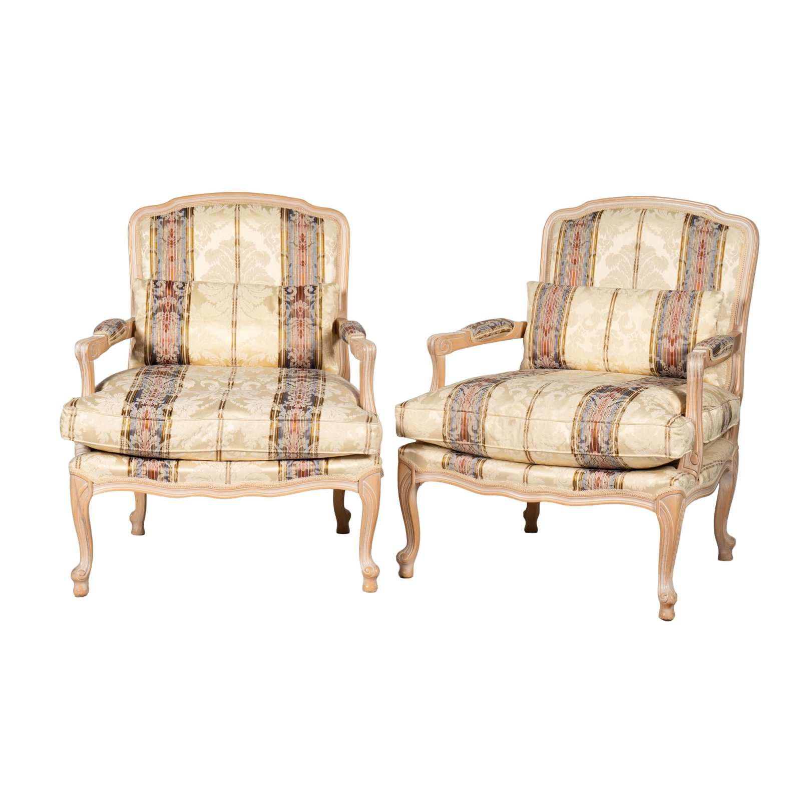 Pair of Louis XV-Style Bleached Wood Bergeres Armchairs: late 20th/21st century, covered with damask fabric, 36 1/2 x 29 1/2 x 28, seat height 18 in.