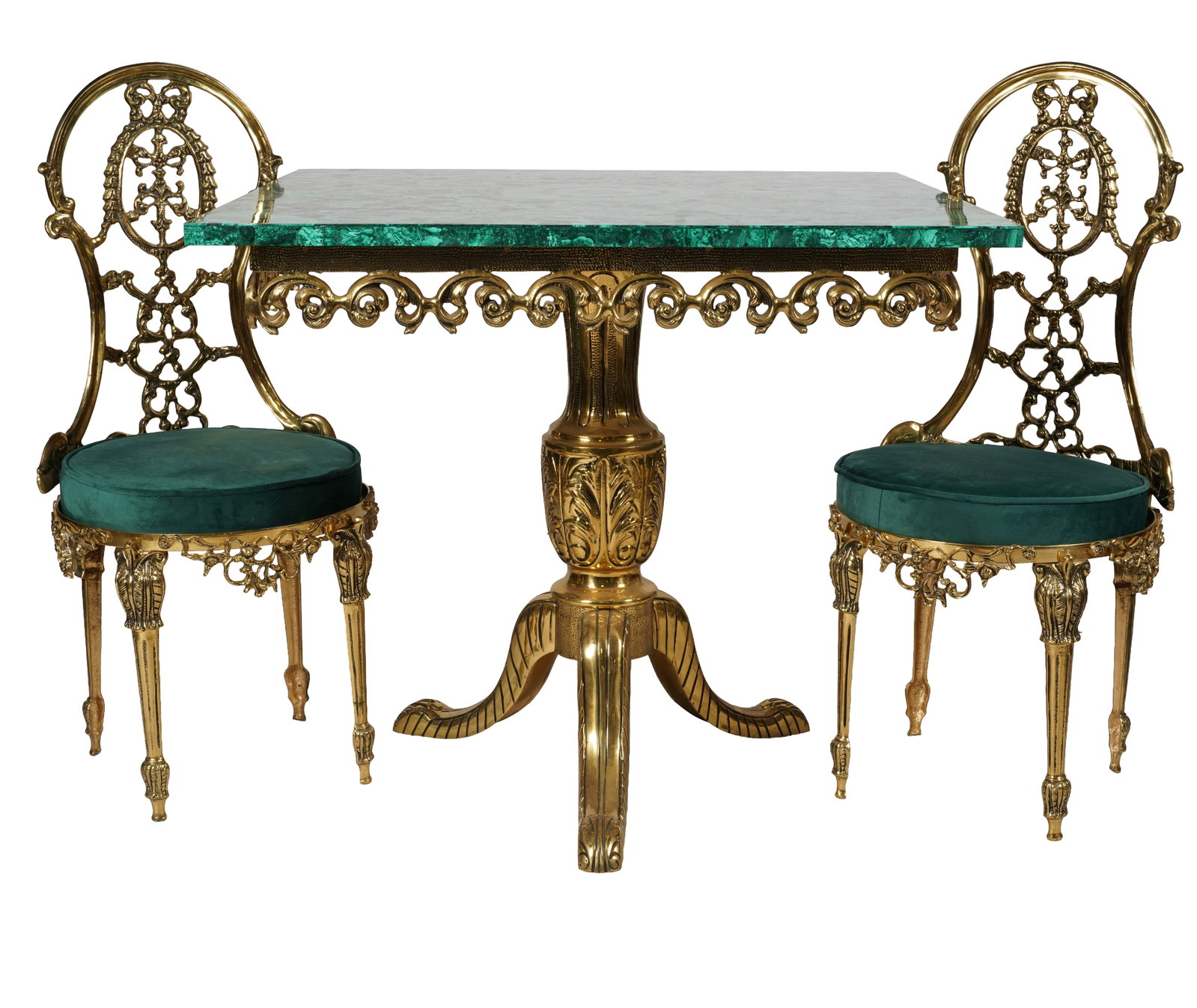 Neoclassical-Style Brass and Malachite Bistro Set: comprising a table, (32 x 36 x 36 in.) side chairs, (38 1/2 x 17 x16 1/2, seat height: 16 1/2 in.)