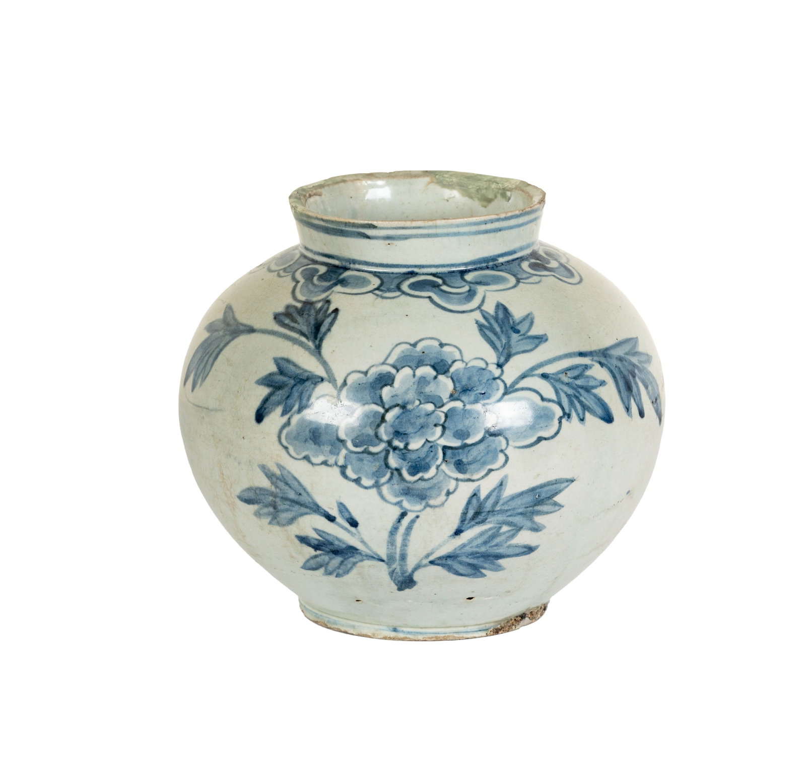 Korean Blue and White Floral Ceramic Vase: A round ceramic vase featuring a blue and white floral design. The vase has a wide mouth and a classic, decorative appearance. 8 1/2 x 10 in