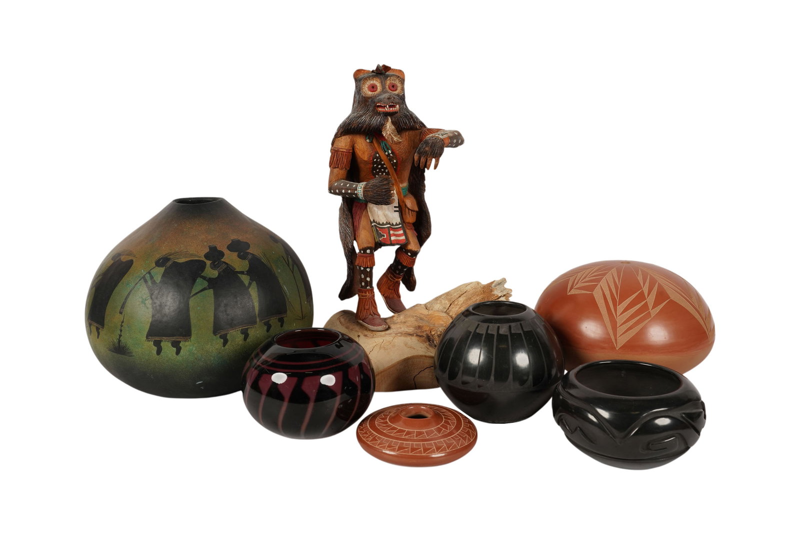 Collection of Native American Art Pieces: seven pieces total, figure: 15 1/4 x 11 x 8 1/2 in.