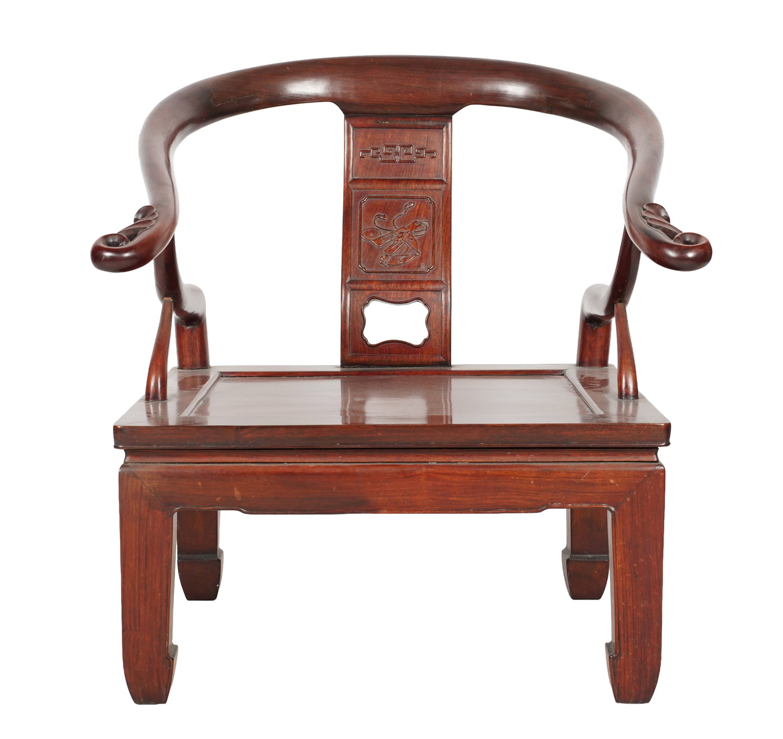 Chinese Hardwood Horseshow Back Armchair: 28 1/2 x 27 1/2 x 25 in., seat height:13 in.