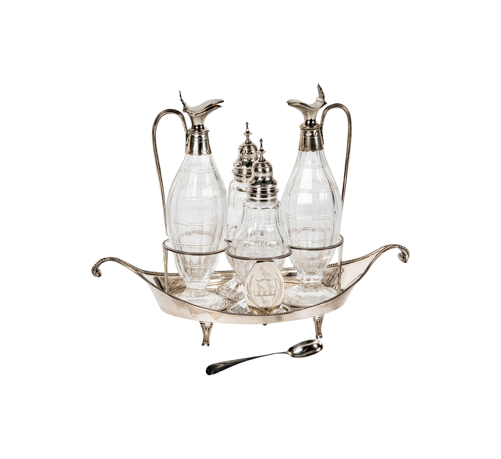 A Hester Bateman Silver Cruet Set: Hester Bateman, London, 1789, with spoon, approximately 465 grams total (weighable sterling only), overall: 8 1/4 x 12 x 5 1/2 in.
