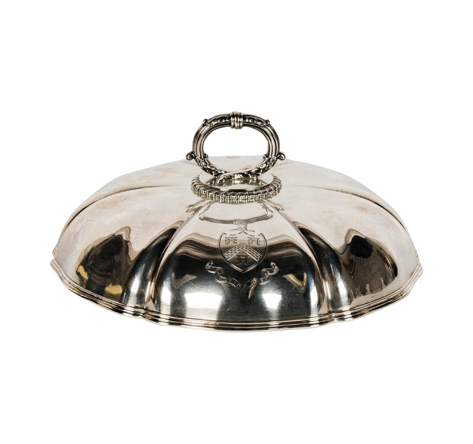 An English Sterling Silver Dome Cover: 1825, with monogrammed chest, mark of Robert Garrard, London, 4 1/2 x 9 1/2 in., approximately 879 grams