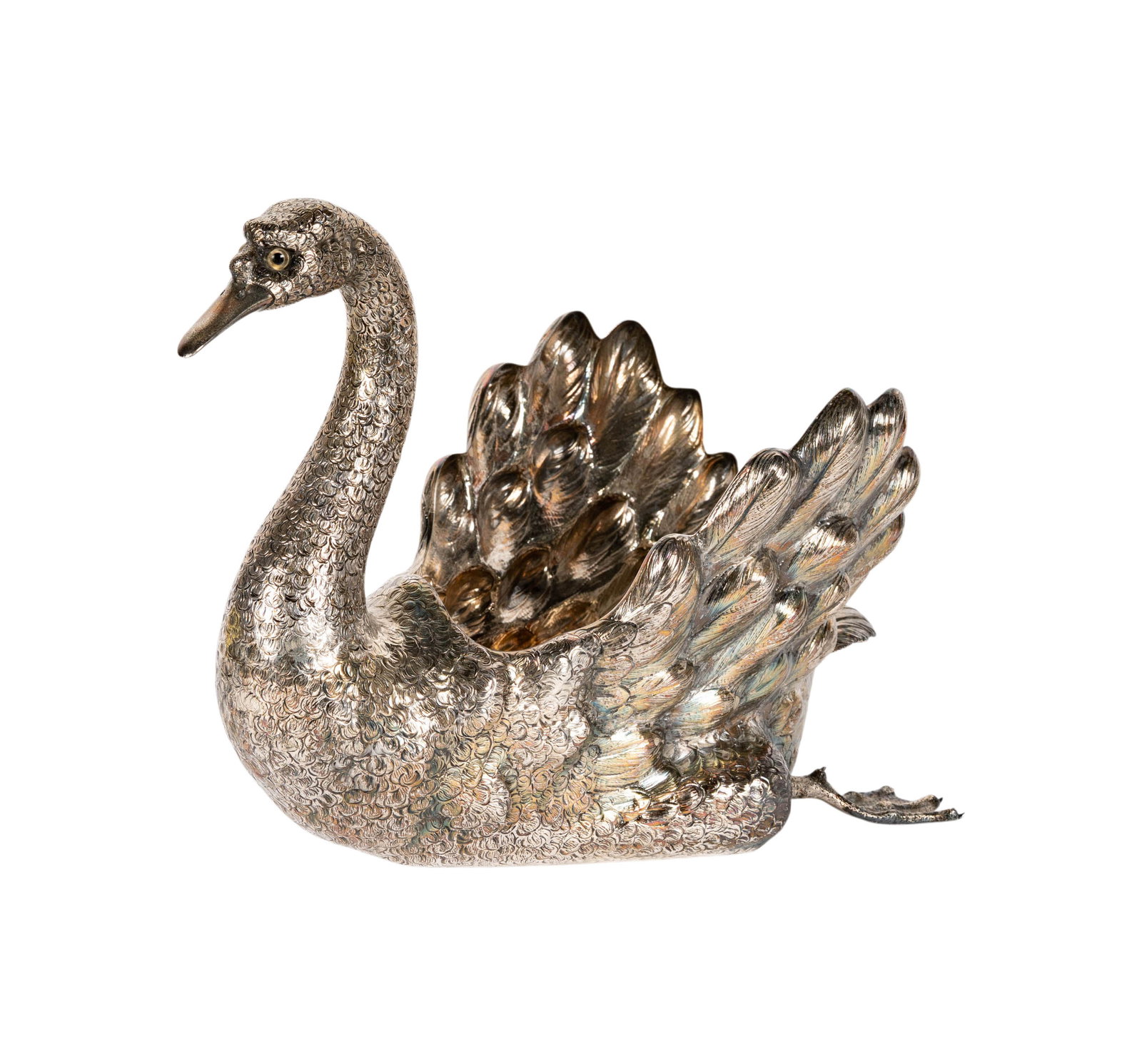 A Buccellati Sterling Swan-Form Center Bowl: Milan, after 1968; with maker's mark "Mario Buccellati", registration mark, and further marked ".925" and "Sterling", approximately 1,385 grams, 9 3/4 x 13 1/4 x 7 3/4 in.