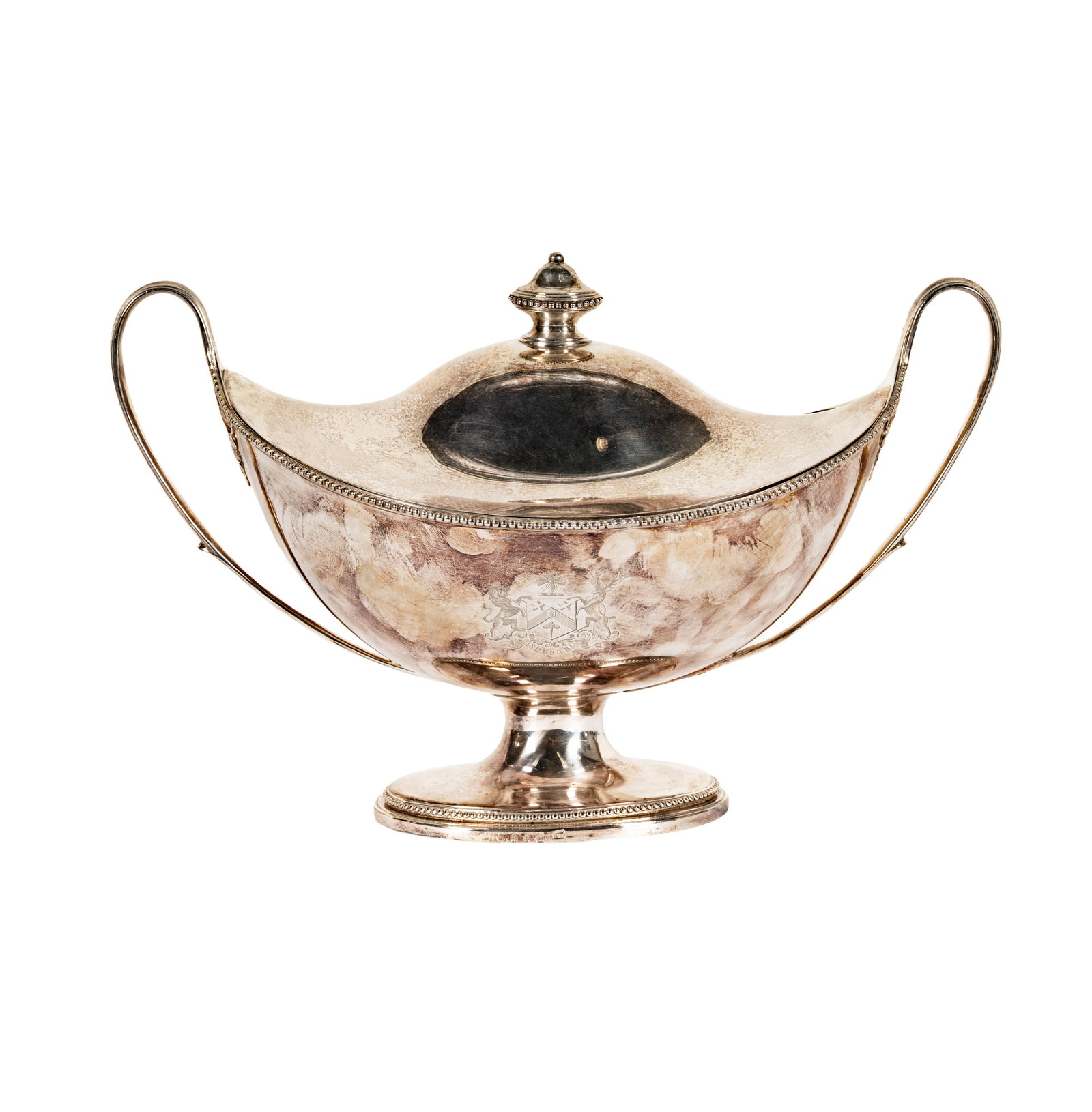 An English Sterling Soup Tureen and Cover: Edward Fernell, London, 1790 (marked to foot rim and cover), the body engraved to each side with an heraldic crest with motto "Industria", approximately 1,955 grams total, overall: 10 x 16 x 8 in.