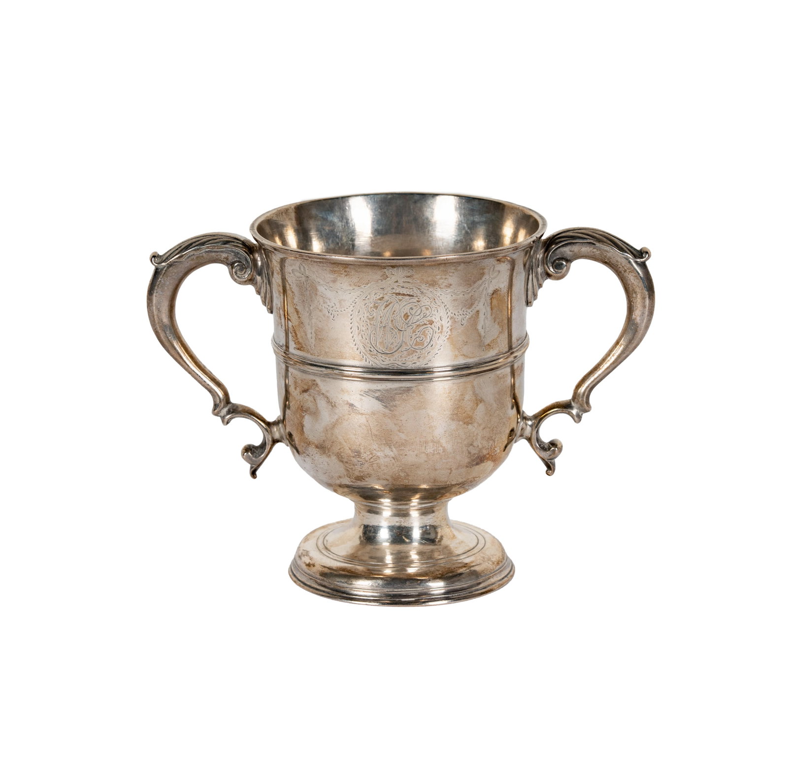 A George II Two-Handled Sterling Cup: Richard Gurney and Thomas Cook, London, 1739-40 (marked to underside),with engraved decoration and monogram, approximately 497 grams, 5 x 7 1/4 x 4 in.