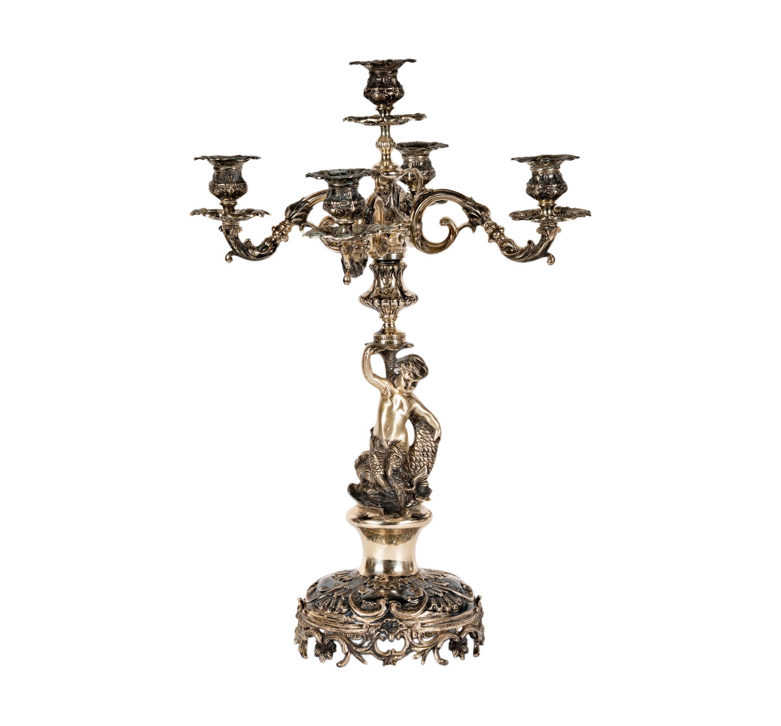 A .900 Silver Figural Candelabrum: marked "900" and with further marks, approximately 3,299 grams, 21 3/4 x 15 in.