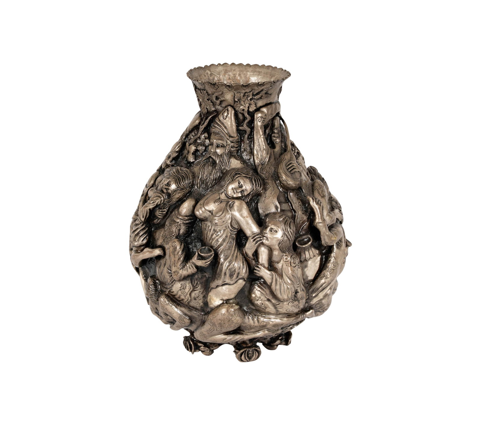 A Persian Silver Figural Vase: tested for sterling, engraved marks to underside, approximately 1,452 grams, 9 1/4 x 6 1/2 in.