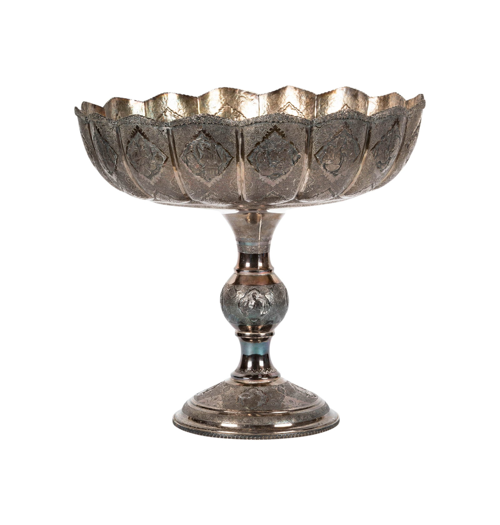 A Large Persian 84-Standard Silver Center Bowl: 20th century, with 84 standard mark and further mark in Farsi (marked to top of foot rim), approximately 5,906 grams, 18 1/2 x 20 in.