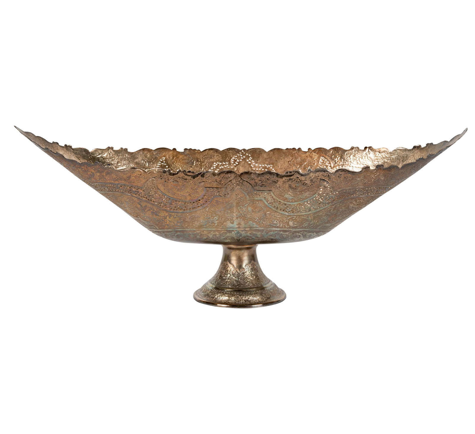 A Persian Silver Reticulated Oval Center Bowl: apparently unmarked, approximately 1,700 grams, 10 1/2 x 26 1/4 in.