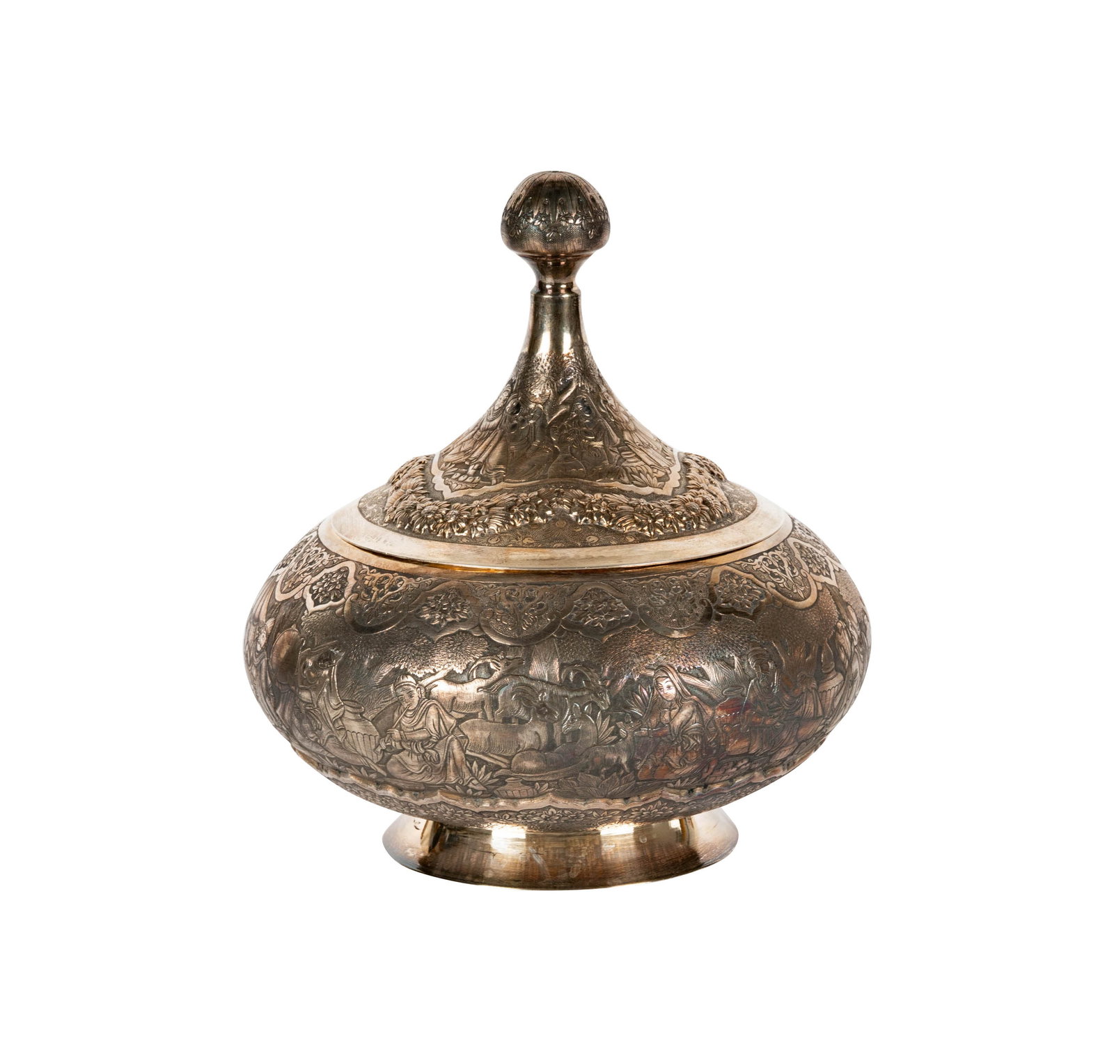 A Persian Silver Covered Jar: apparently unmarked, approximately 1,353 grams, 11 x 10 in.