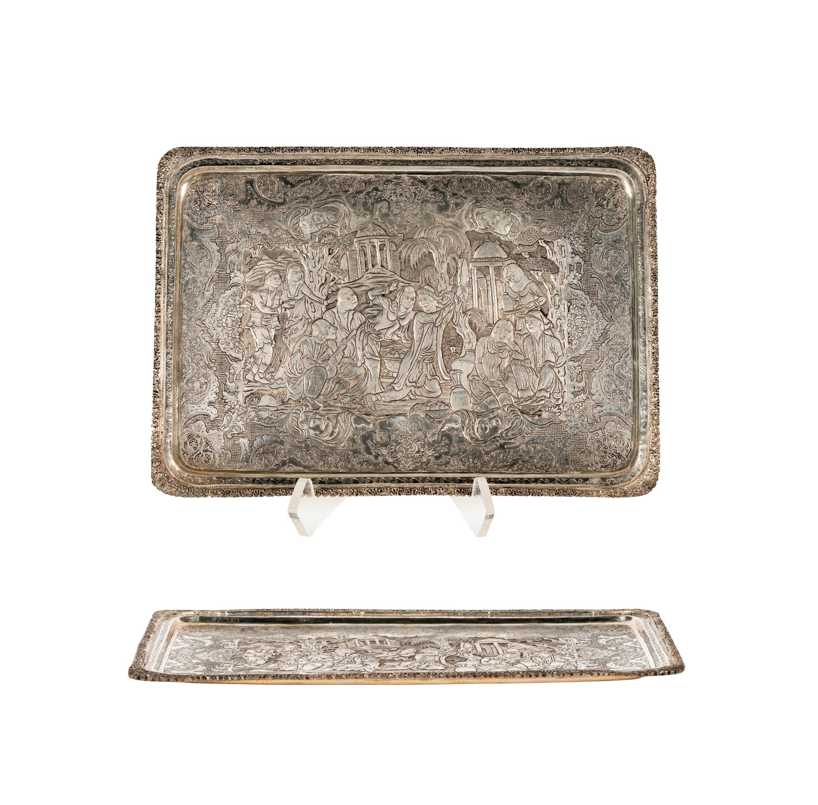 A Persian 84-Standard Silver Rectangular Card Tray: marked for .875 purity, approximately 642 grams, 9 x 12 1/2 in.
