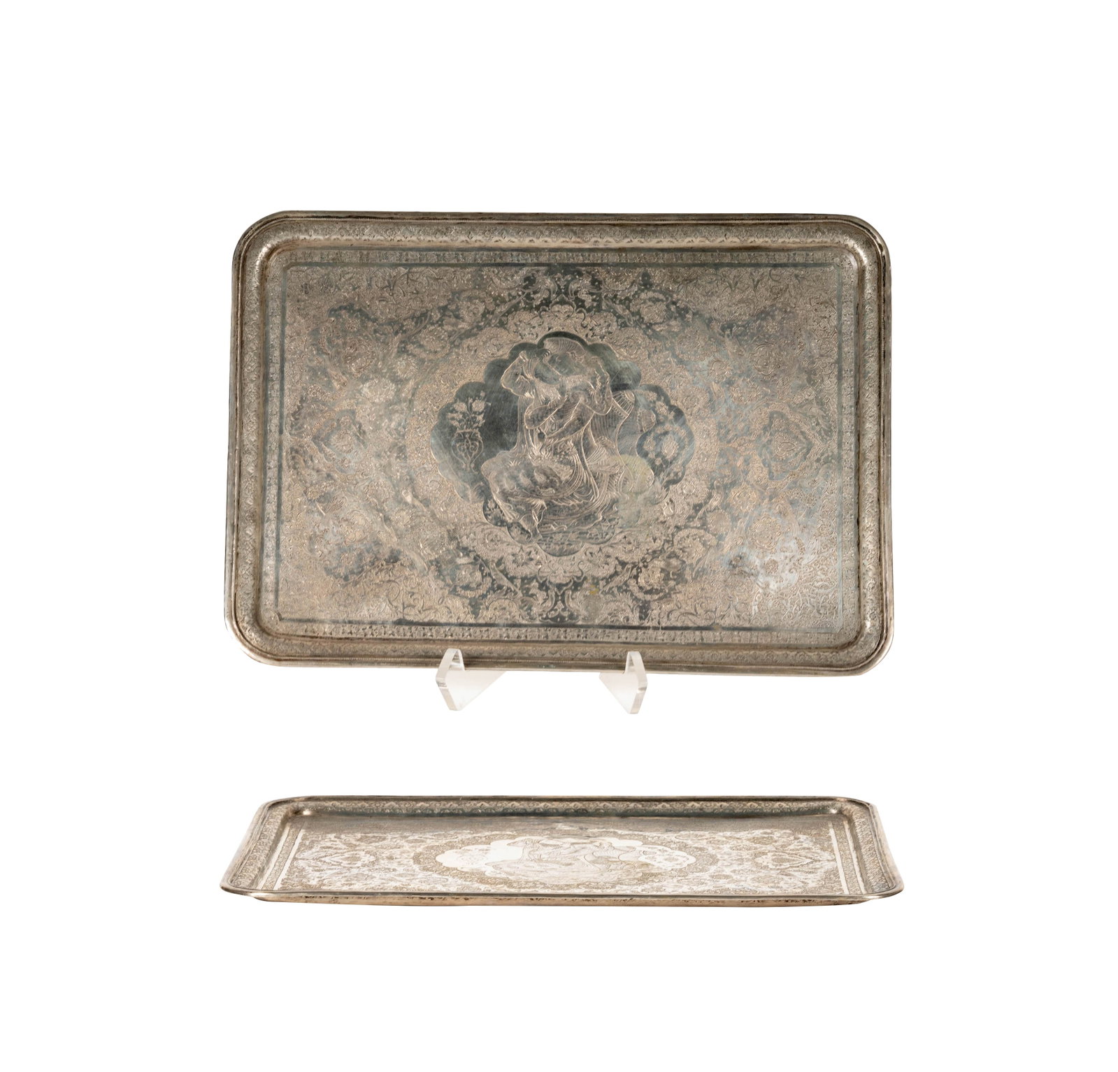A Persian Silver Rectangular Tray: apparently unmarked, approximately 1,112 grams, 16 1/4 x 11 3/4 in.