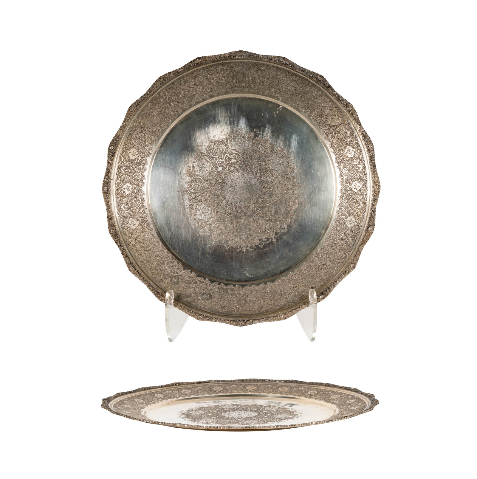 A Persian 84-Standard Silver Round Tray: marked to underside "84" and with further mark in Farsi, approximately 1,084 grams, 15 1/2 in. dia.
