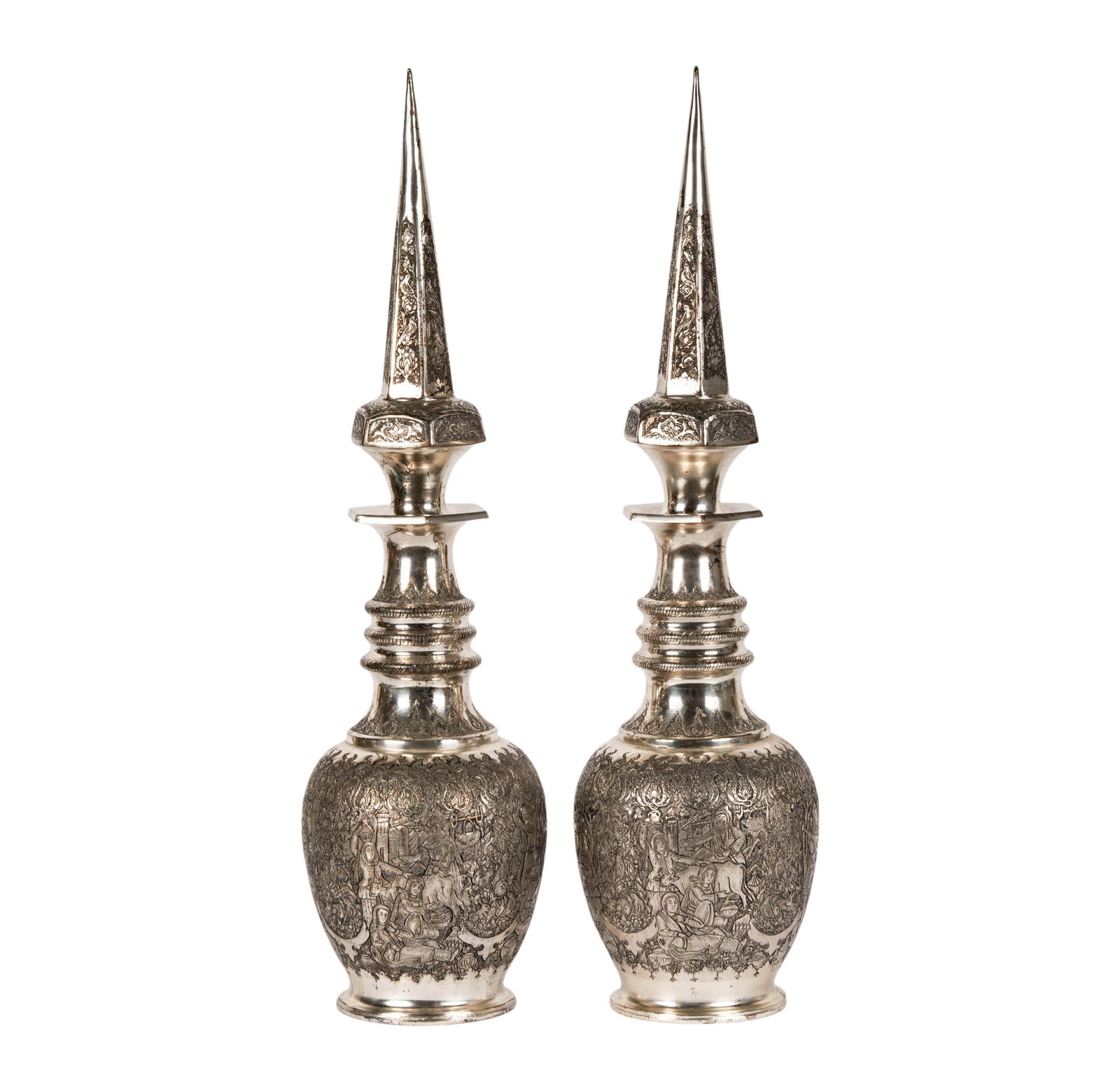 A Pair of Large Persian Silver Decanters: 30 in., approximately 5,155 grams