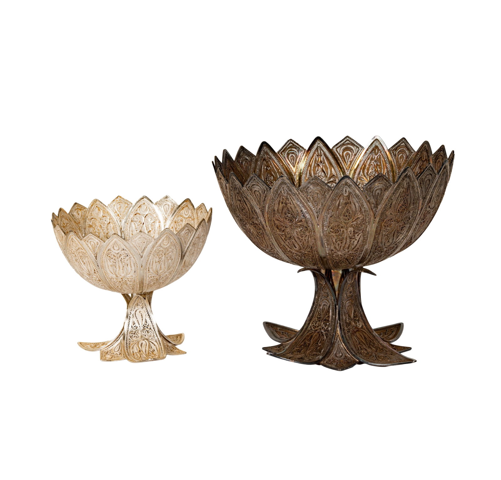 Two Persian Filigree Sterling Footed Bowls: larger: 9 x 11 in., smaller: 6 1/2 x 7 1/4 in., approximately 2506 grams