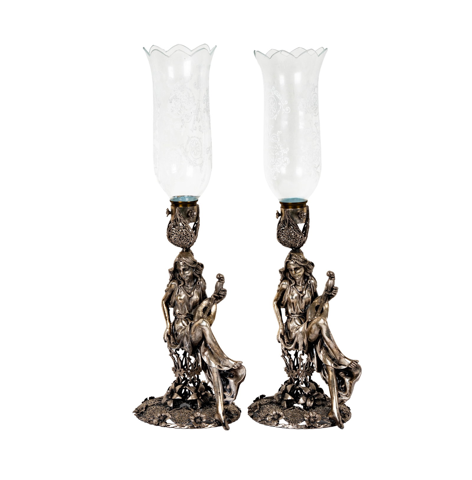 A Pair of Sterling and Etched Glass Figural Candlesticks: marked "Naghsh Jahan" and 900 to underside, overall: 22 3/4 x 6 1/2 in., approximately 3,305 grams weighable sterling only
