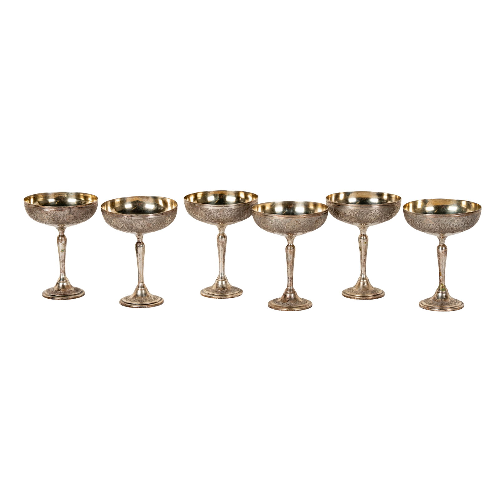 A Set of Six Persian .900 Silver Coupes: each with gilt-washed interior, each marked "800" and with further hallmark, approximately 894 grams total, each 5 x 3 3/4 in.