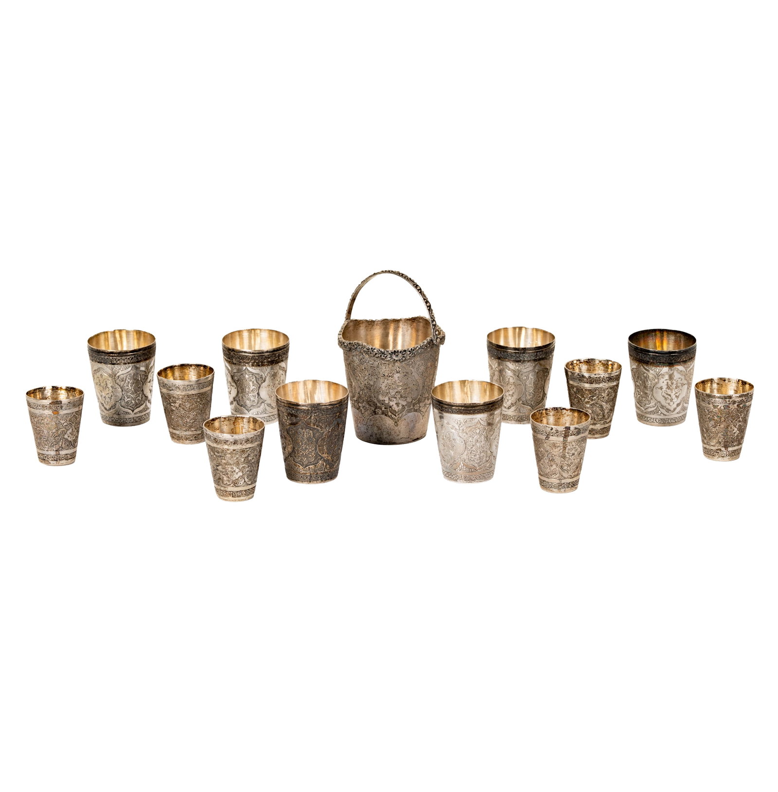 A Group of Small Persian Silver Cups and Bucket: each with hallmarks to underside, basket cup: 4 x 2 1/2 in., 13 pieces total, approximately497 grams