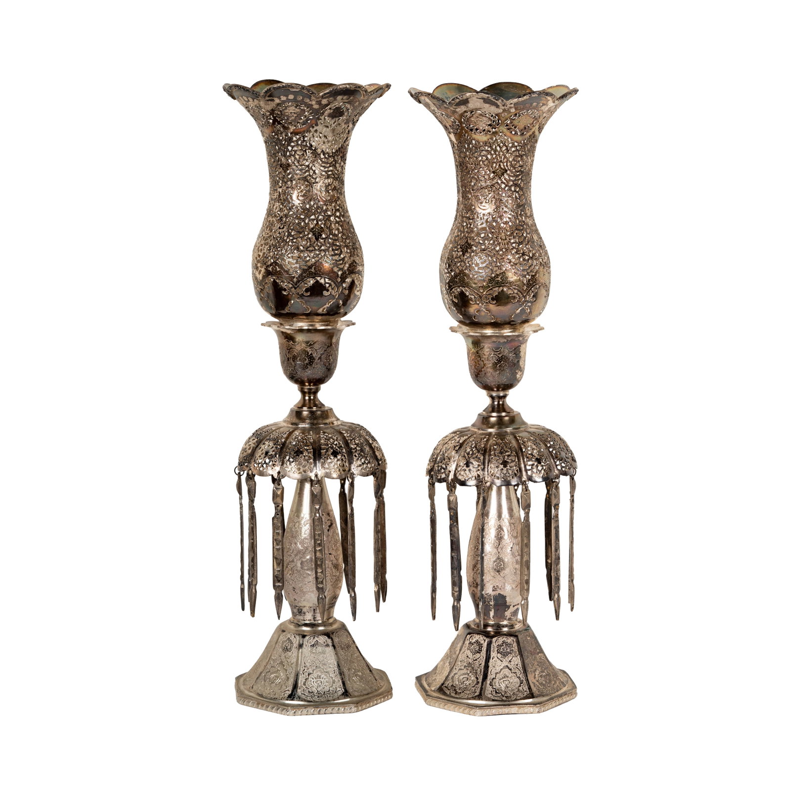 A Persian Reticulated Silver Girandole Candlesticks: 22 1/2 x 6 in.