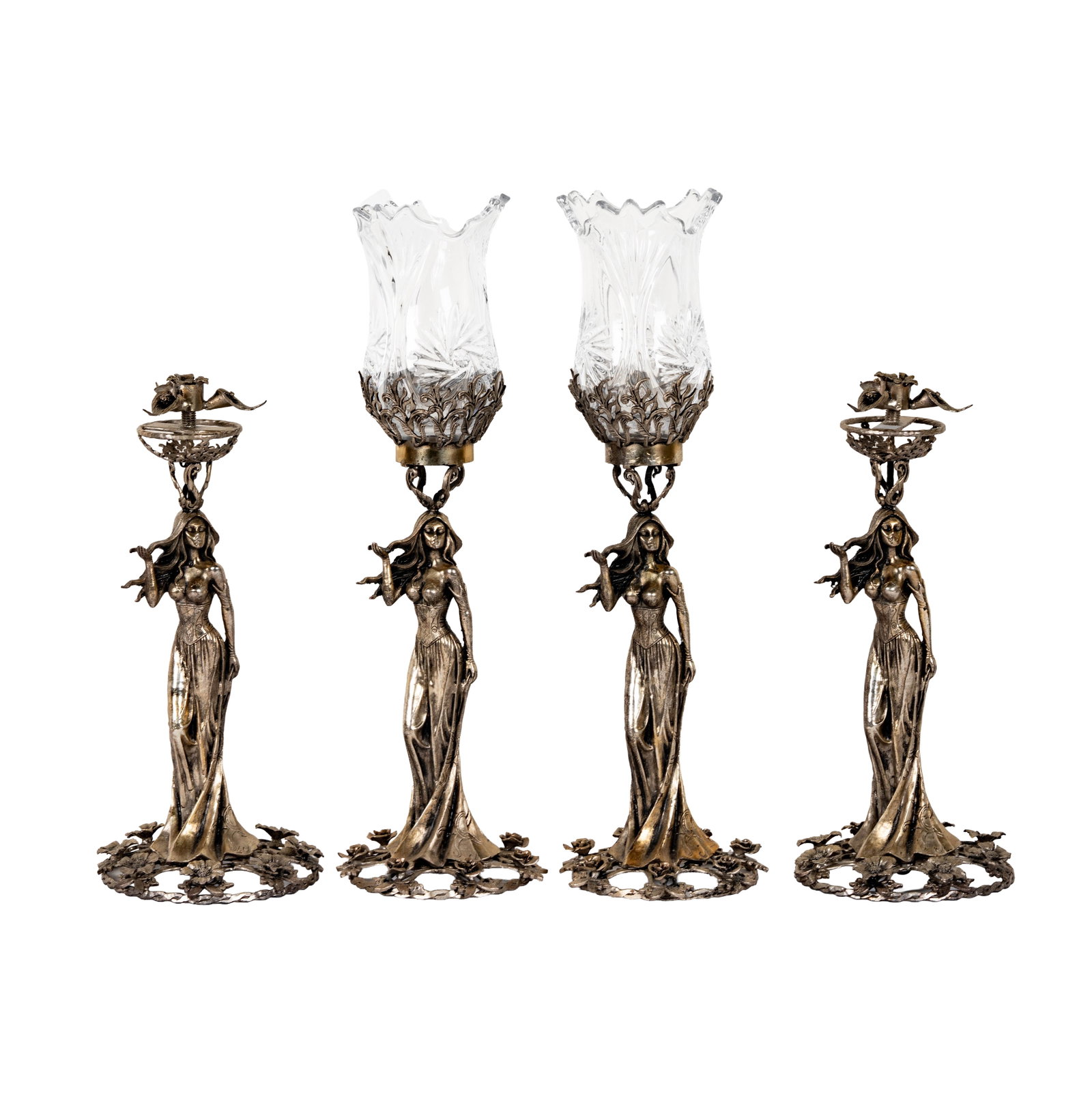 Four Art Nouveau Silver Figural Garnitures: marked "Naghsh Jahan" and 900 to underside, approximately 3,605 grams weighable sterling