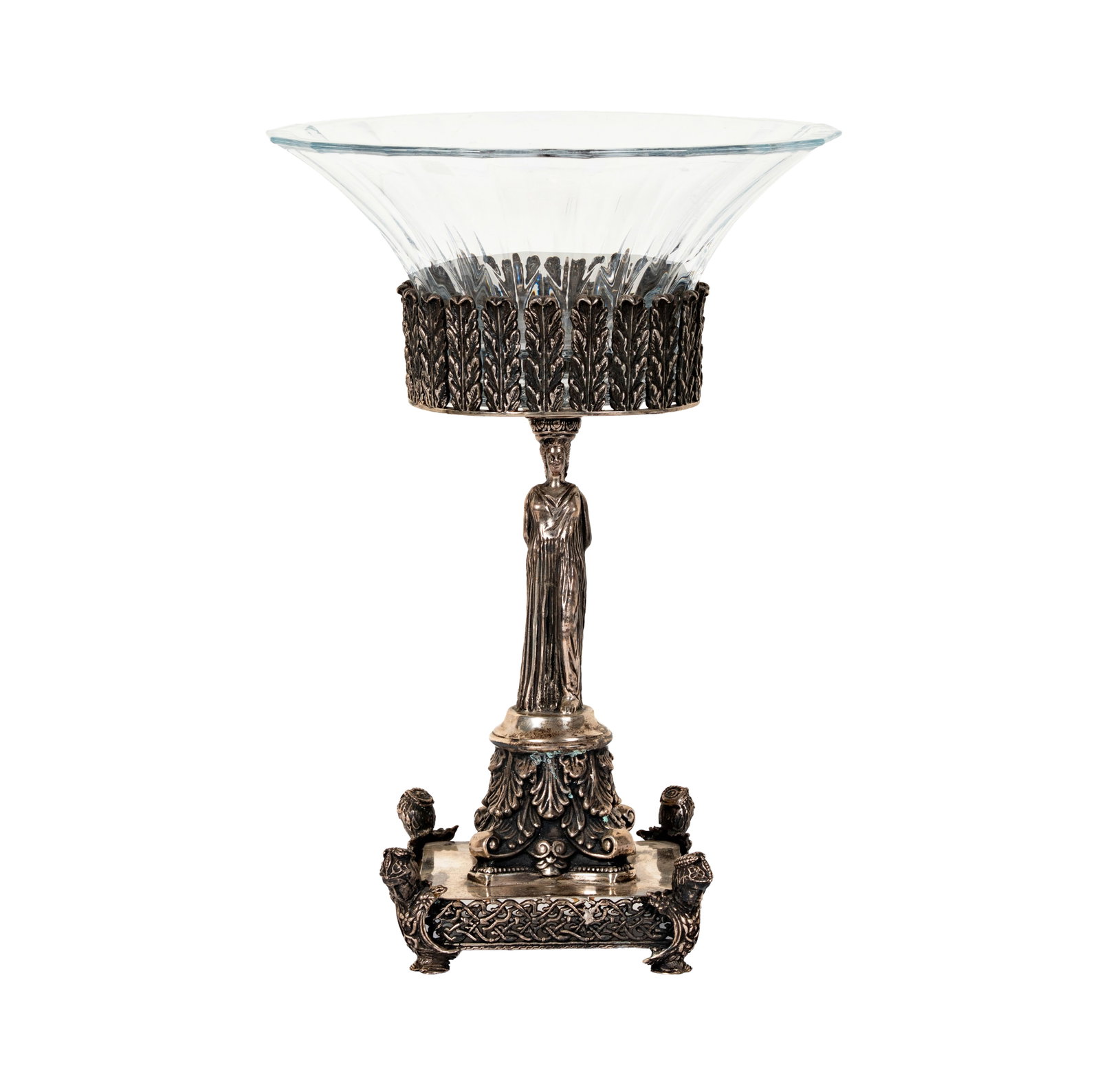 An Empire-Style Sterling Silver .925 and Glass Figural Centerpiece: marked .925 to underside, 14 1/4 x 10 in., approximately 1,299 grams without glass bowl