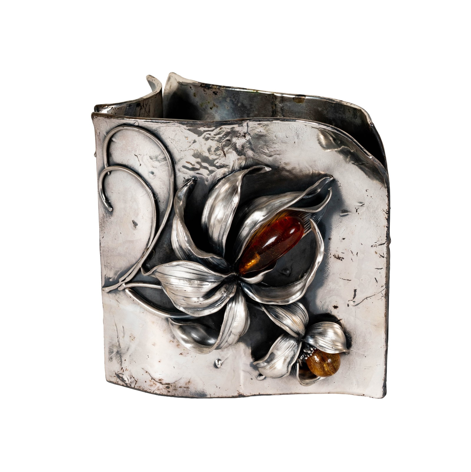 An Art Nouveau Sterling Silver .925 Flower Vase: marked .925, signed and numbered 1/10 to interior, 6 3/4 x 7 x 5 1/2 in., approximately 2,709 grams