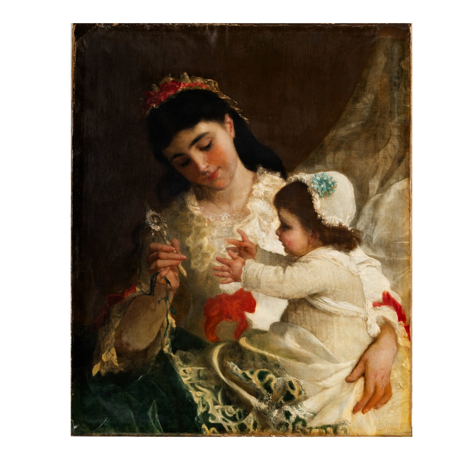 After Emile Munier (1840-1895): Distracting the Baby: oil on canvas, relined, aigned lower right, 33 x 27 in.