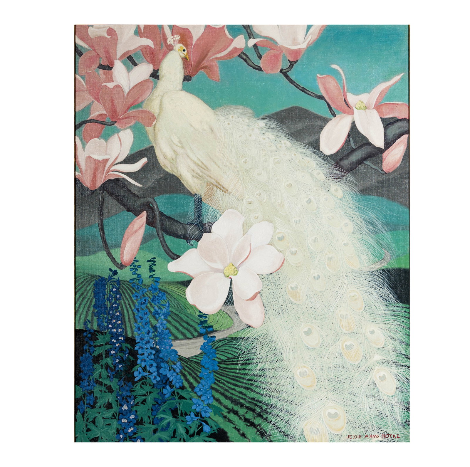Jessie Hazel Arms Botke (American 1883-1971): White Peacock and Magnolia: oil on board, signed lower right and titled verso, with Redfern Gallery label verso, 40 x 32 in. frame., 47 x 39 in. An Important Beverly Hills Estate, The Redfern Gallery, Laguna Beach