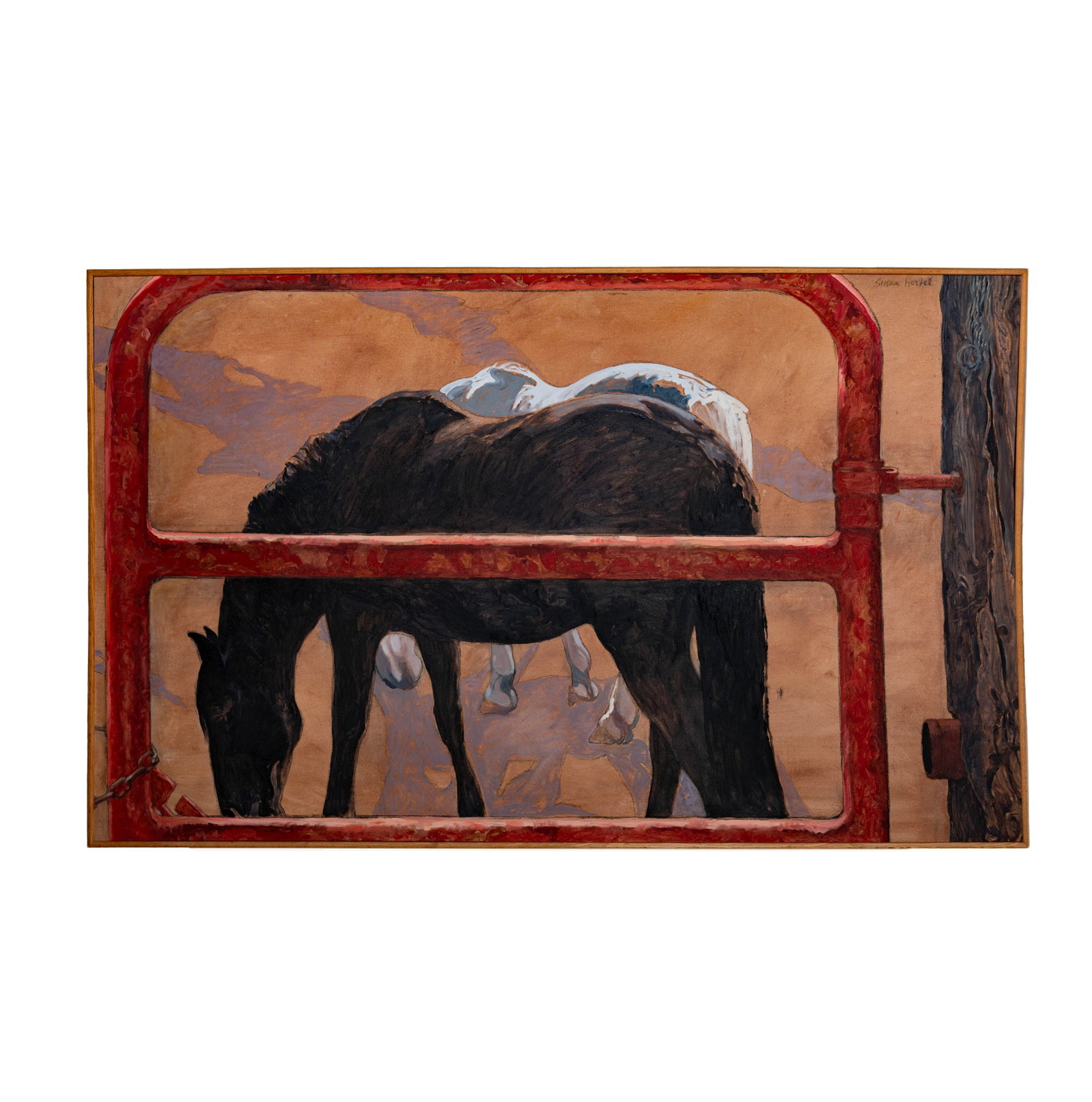 Susan Bright Lautmann Hertel (American 1930-1992), Horses in The Corral: oil on canvas, signed upper right, 45 x 75 in., frame: 47 1/2 x 76 in.