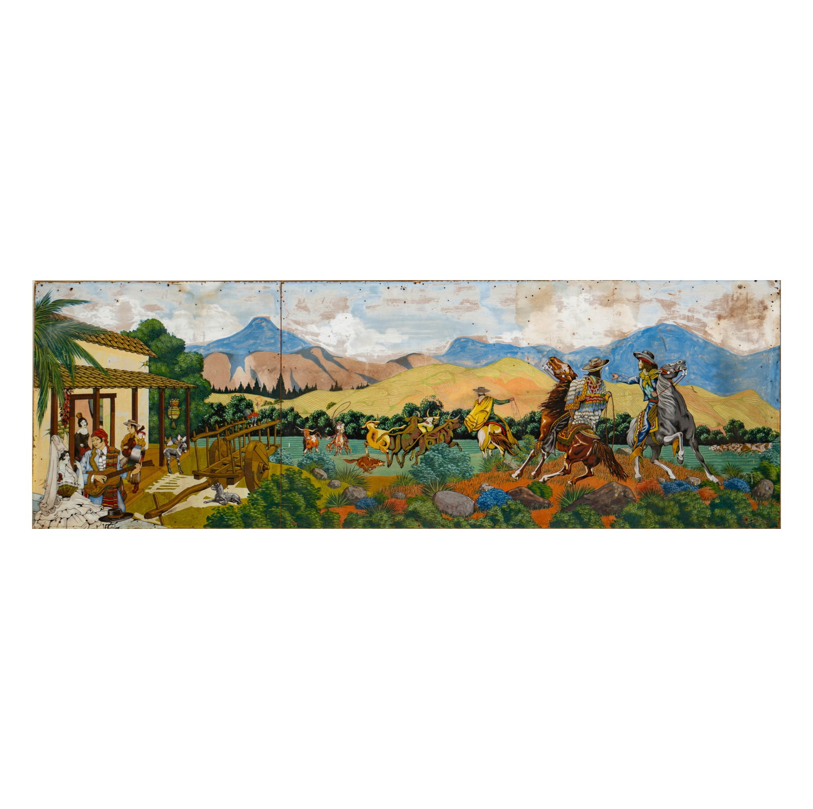 Large Western Mural Painting: oil on board, dated 1935, signed 'Frank Carlson' lower right, 48 x 144 in.