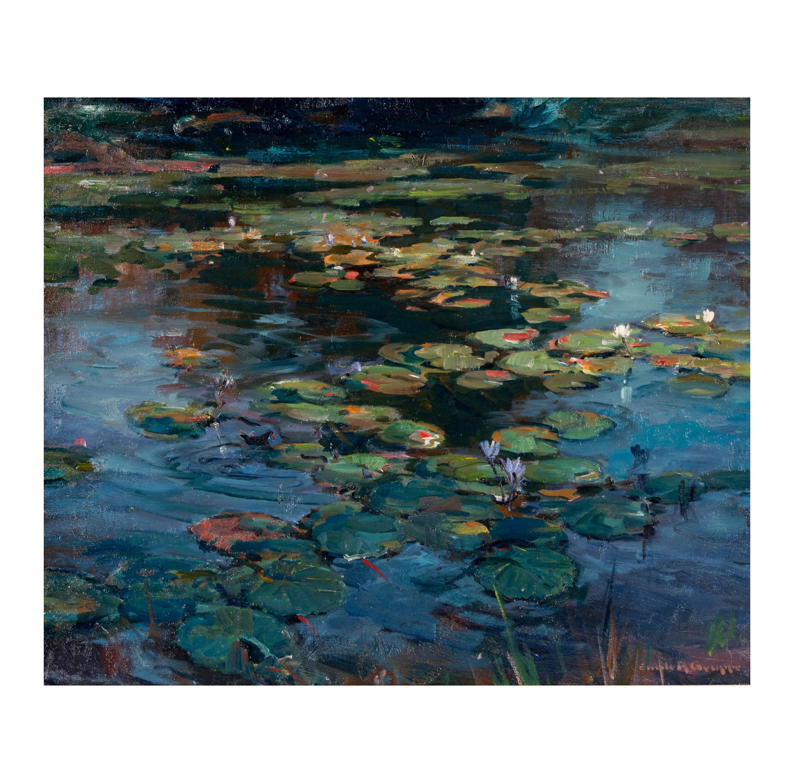 Emile A. Gruppe (1896-1978), Lily Pads: oil on canvas, signed lower right, signed titled dated verso, 25 x 30 in., frame: 34 x 39 1/4 in.