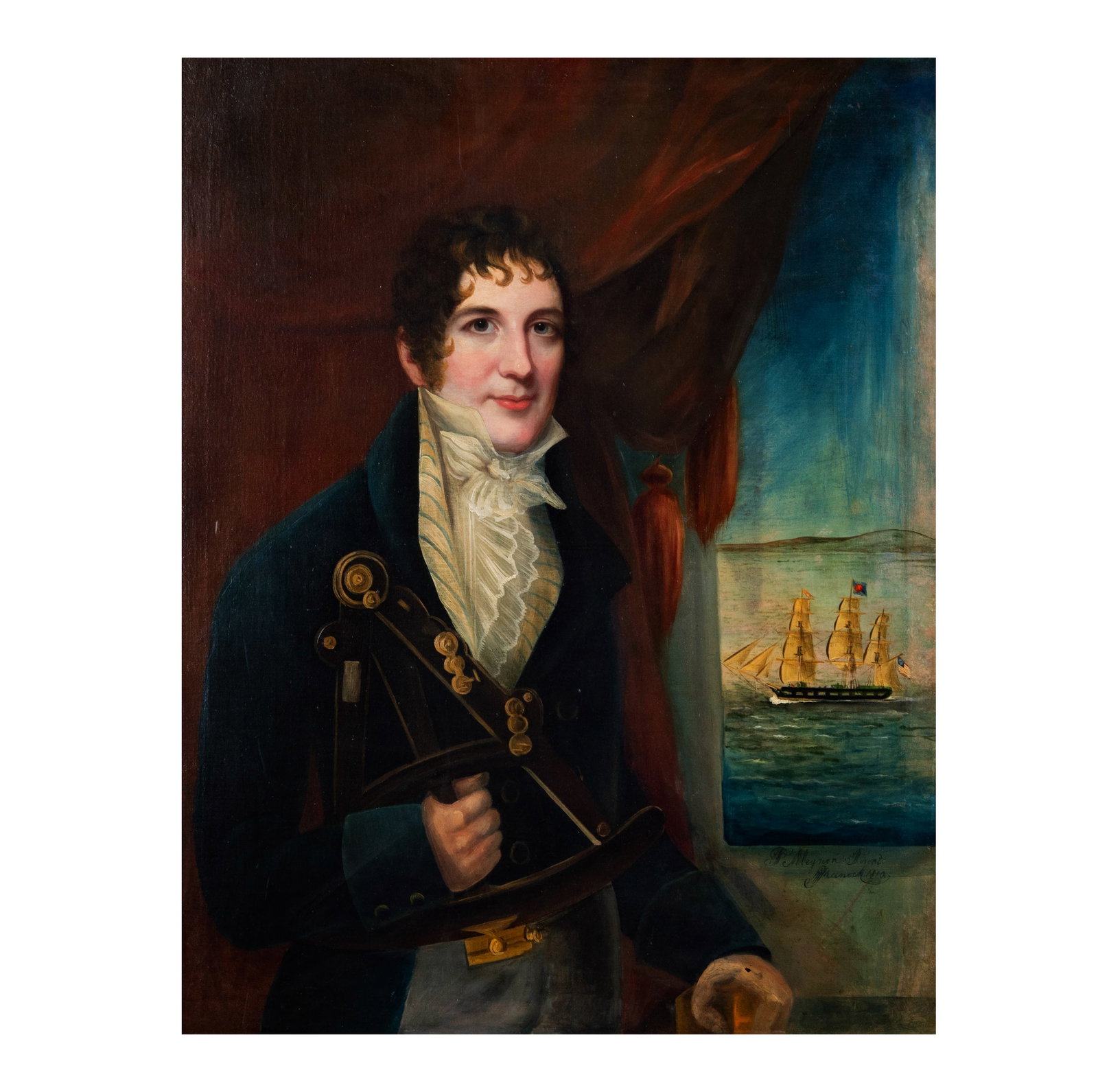 An English School: Portrait of a Sea Captain with Quadrant and Ship (1 of 7)