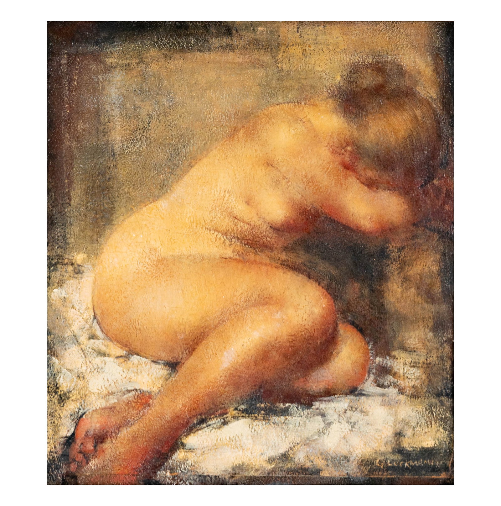 Grigory Gluckmann (1898-1973), Reclining Nude: oil on wood board, signed lower right, 12 x 11 in., frame: 26 x 25 in.