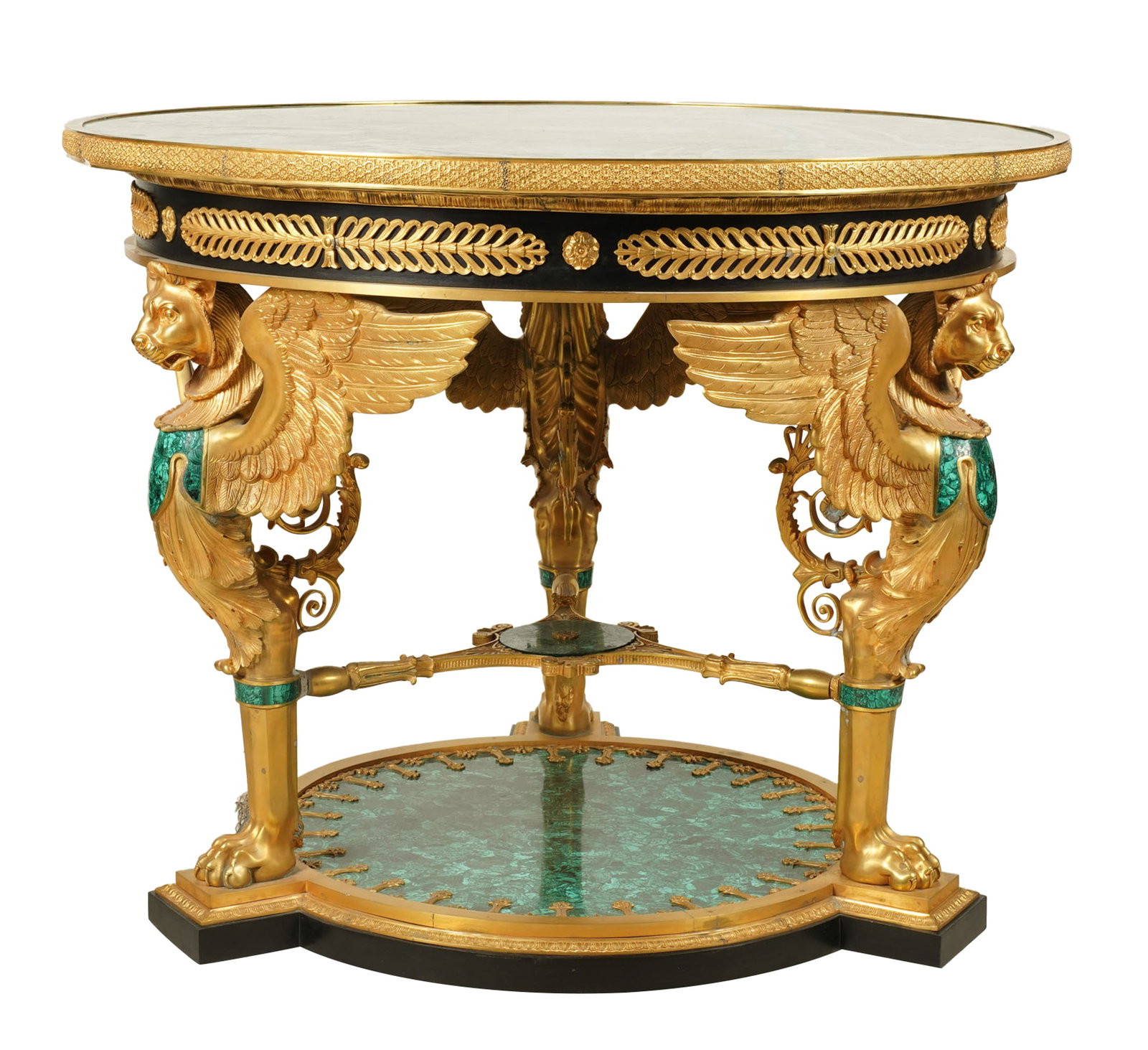 A French Empire-Style Gilt Bronze and Malachite Center Table: 34 1/4 x 43 in.