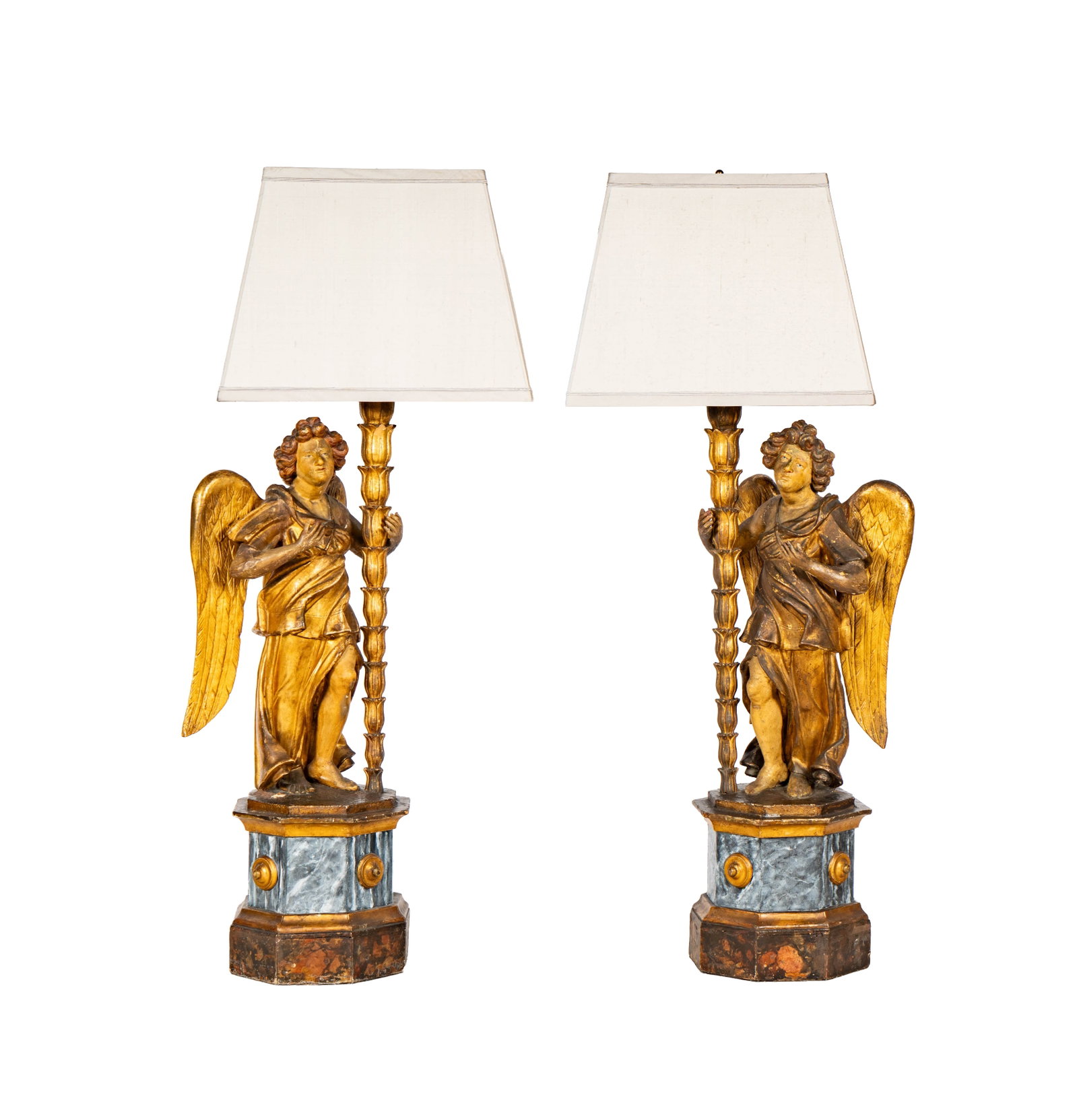 A Pair of Spanish Colonial Polychrome and Giltwood Santo Table Lamps: overall: 52 in. high