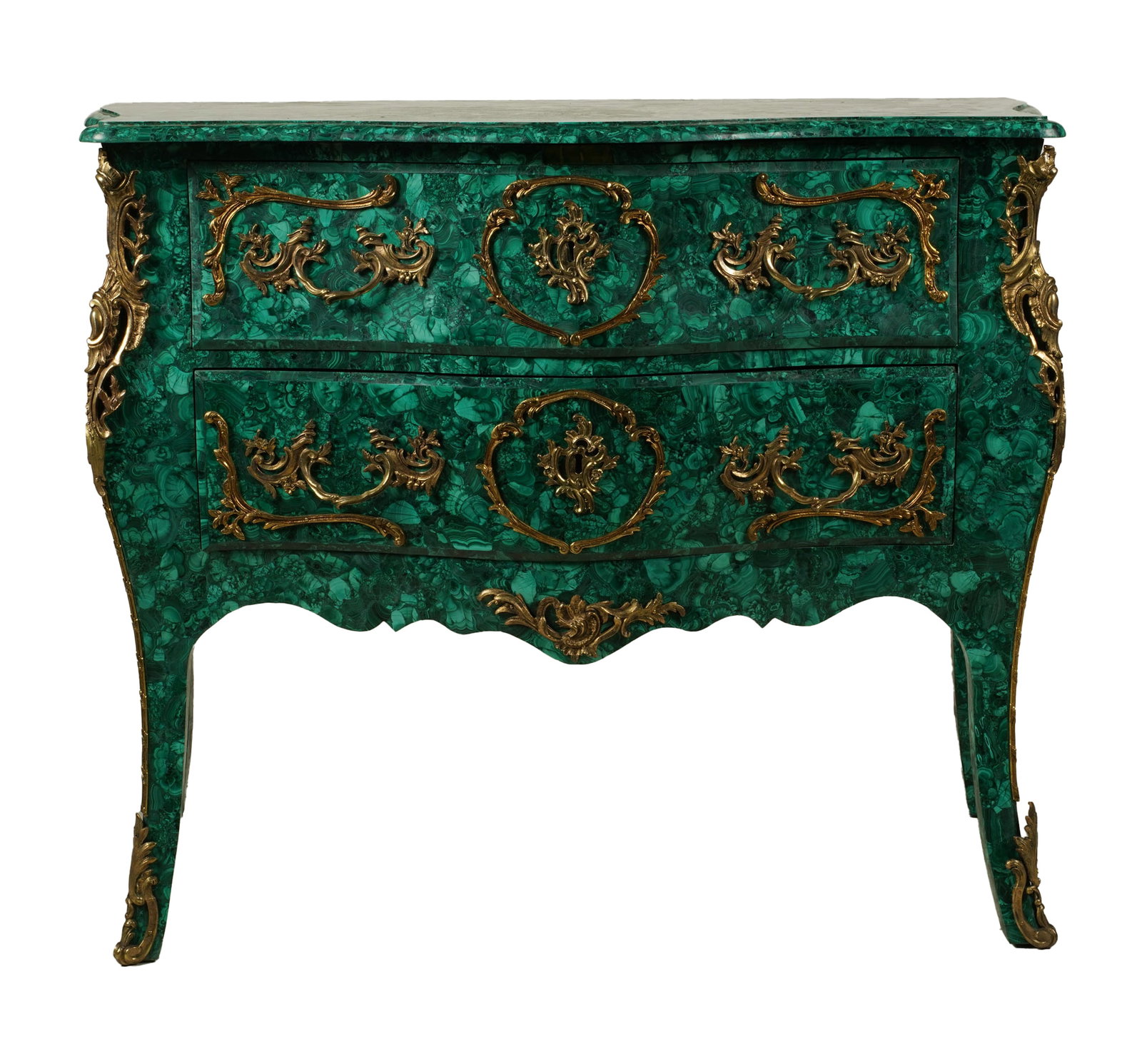 A Louis XV-Style Malachite and Ormolu Mounted Chest of Drawers: 36 x 44 x 21 in.
