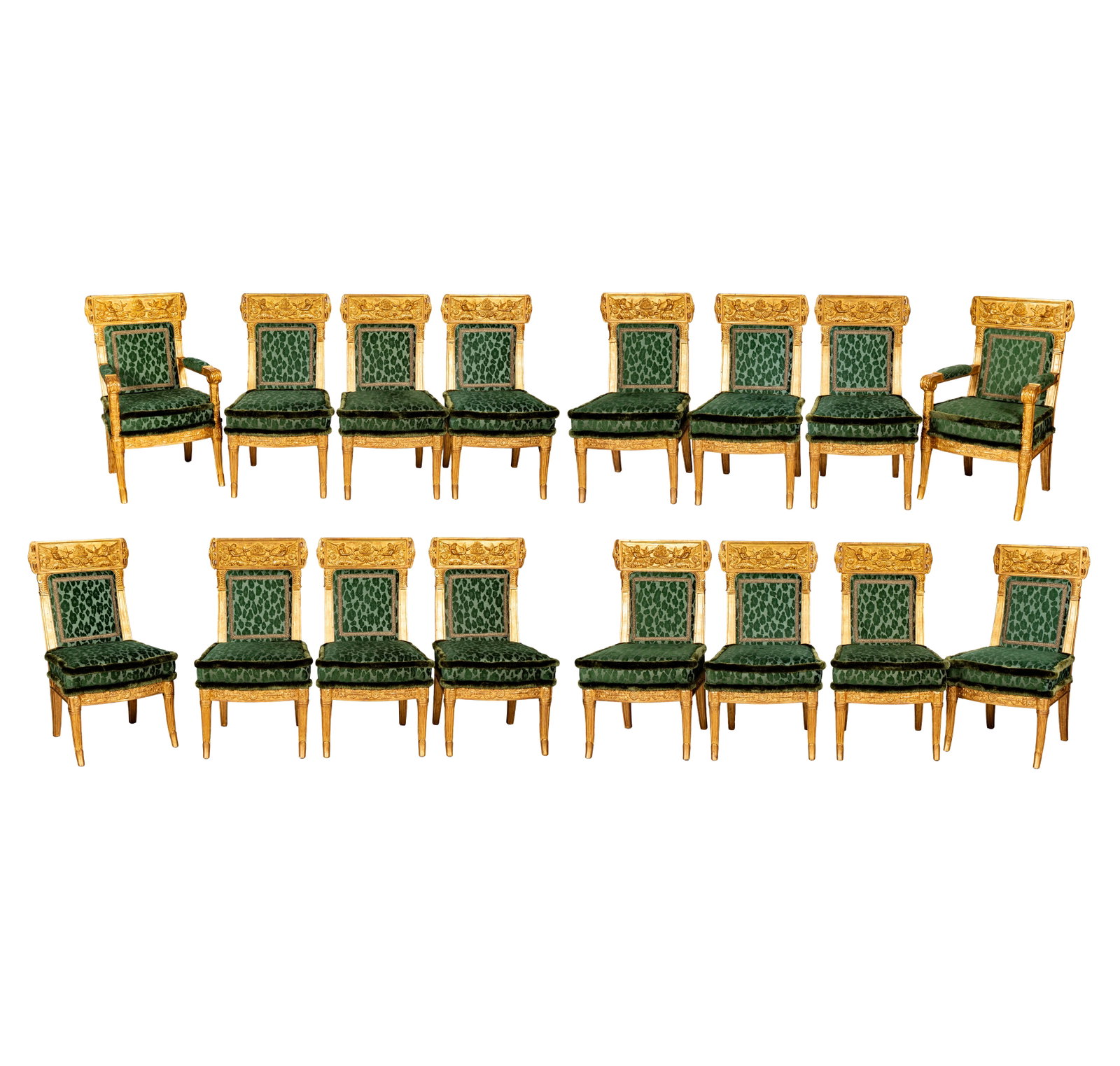 A Set of Sixteen French Empire-style Giltwood Dining Chairs: armchairs: 41 1/2 x 24 x 24 in., side chairs: 41 1/2 x 21 x 24 in., seat height: 20 in.